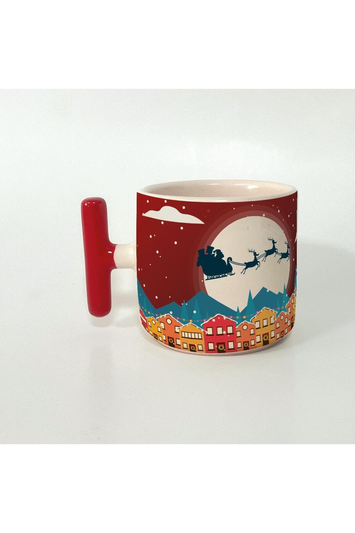 Yılbaşı Gecesi Kızak ve Geyikleri Baskılı Kulplu T Kupa - Yılbaşı Hediyesi Bardak Fincan Mug
