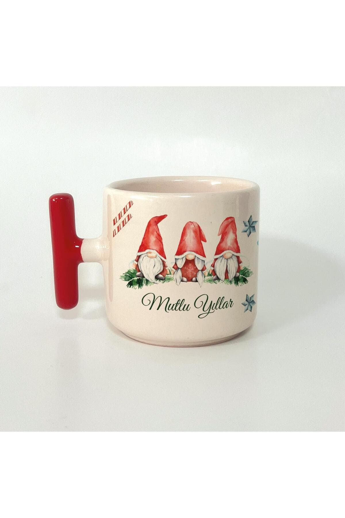 Mutlu Yıllar 3 Noel Baba Baskılı Kırmızı Kulplu T Kupa - Babaya Hediye Bardak Fincan Mug