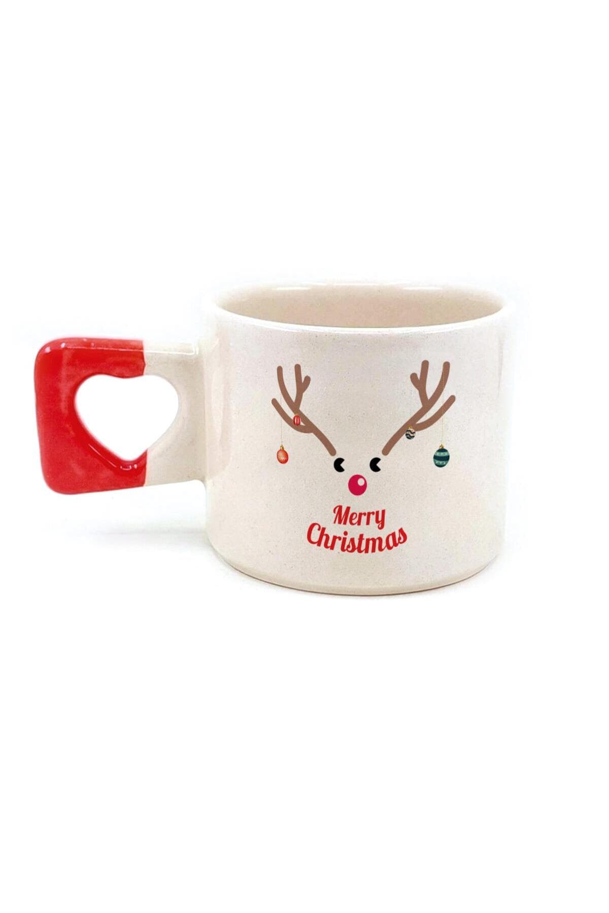 Merry Christmas Geyik Baskılı Kırmızı Kulplu Kalp Kupa - Yılbaşı Hediyesi Bardak Fincan Mug