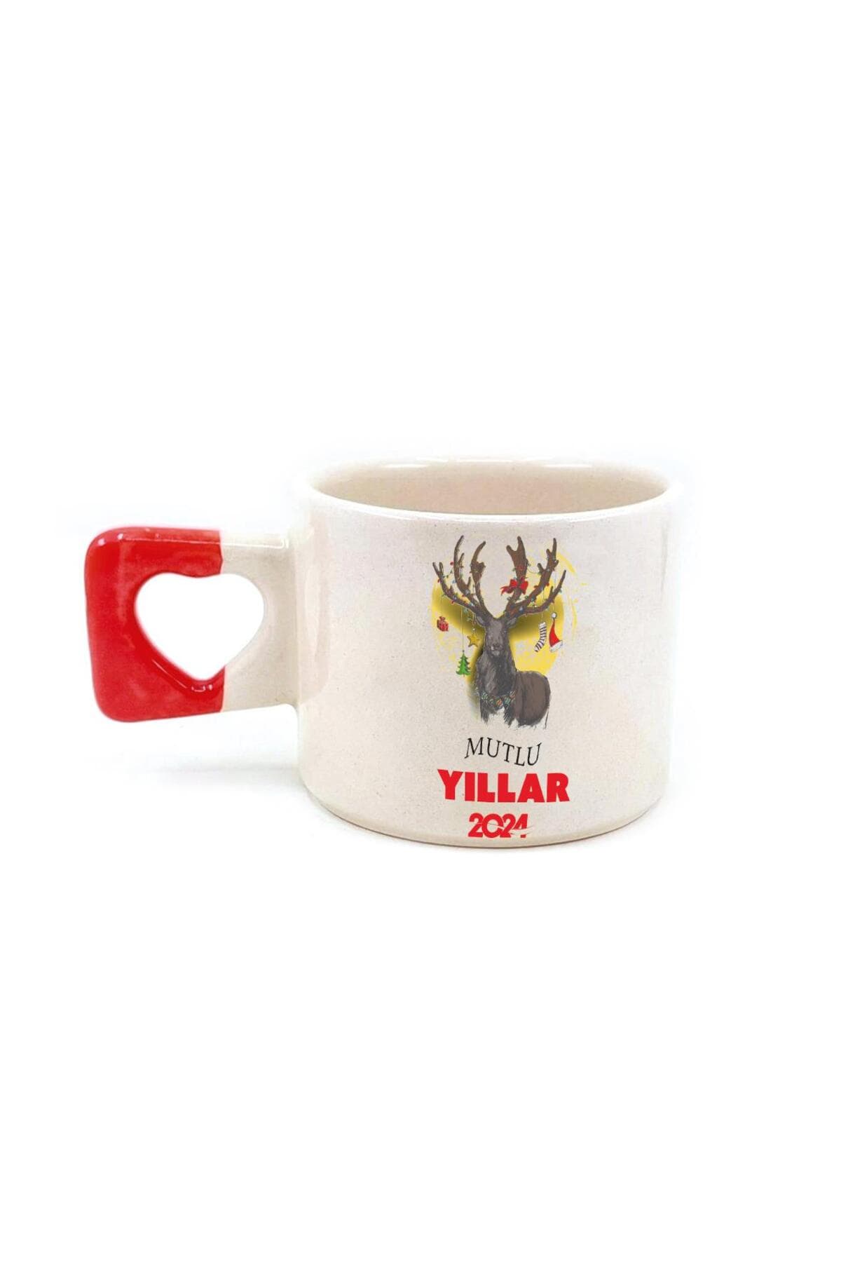 Mutlu Yıllar 2024 Geyik Baskılı Kırmızı Kulplu Kalp Kupa - Yılbaşı Hediyesi Bardak Fincan Mug