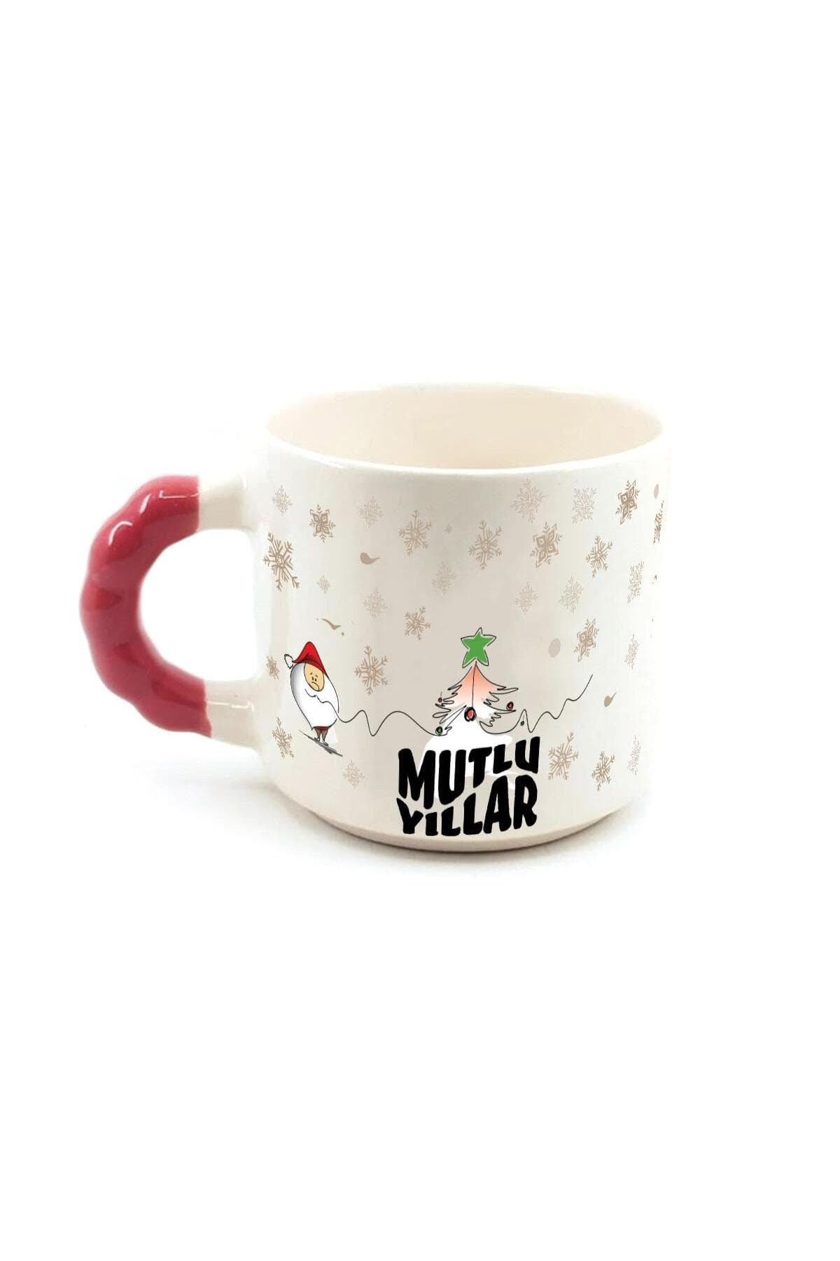 Mutlu Yıllar Kar Taneleri Baskılı Kırmızı Kulplu Boncuk Kupa - Yılbaşı Hediyesi Bardak Fincan Mug