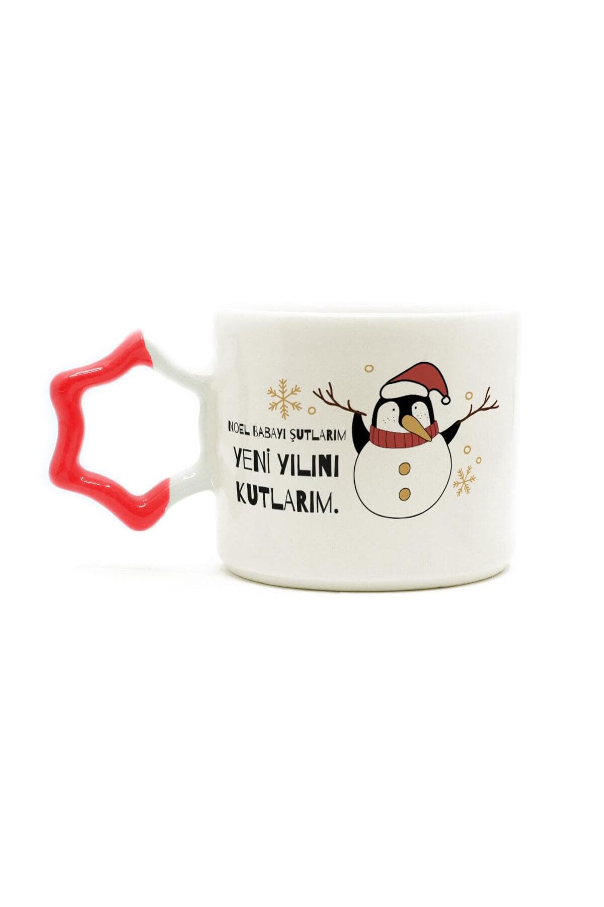 Noel Babayı Şutlarım Baskılı Kırmızı Kulplu Yıldız Kupa - Yılbaşı Hediyesi Bardak Fincan Mug