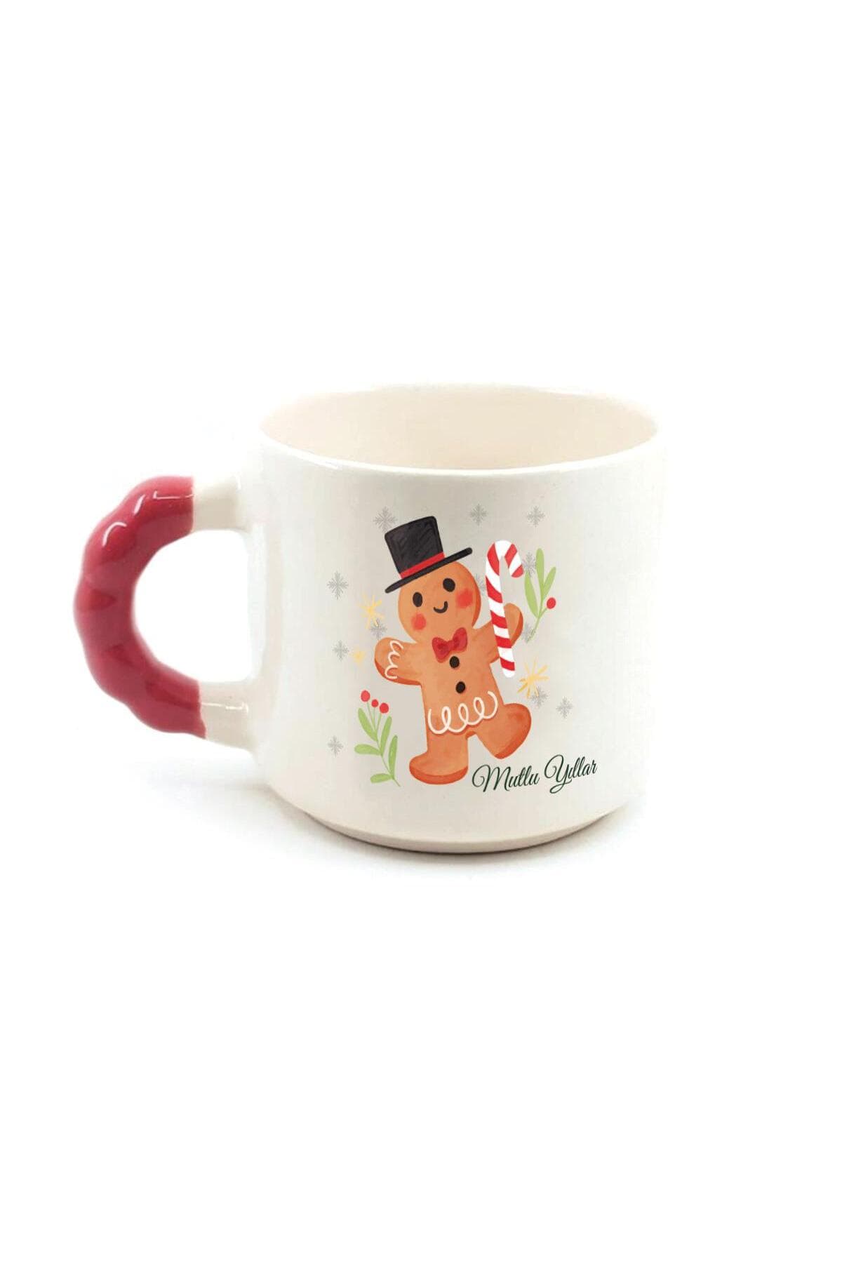 Mutlu Yıllar Kurabiye Adam Baskılı Kırmızı Kulplu Boncuk Kupa - Yılbaşı Hediyesi Bardak Fincan Mug