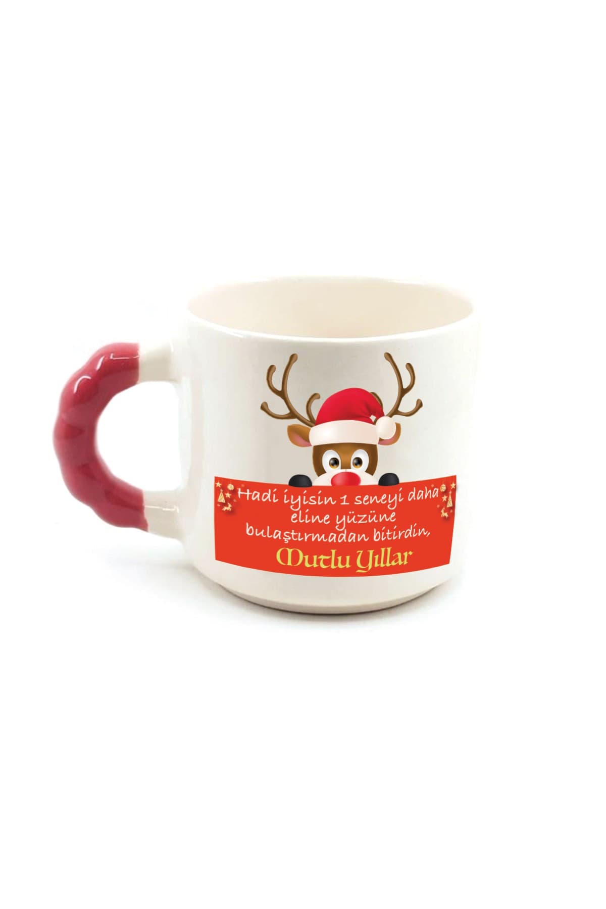 Hadi İyisin 1 Seneyi Daha Baskılı Kırmızı Kulplu Boncuk Kupa - Yılbaşı Hediyesi Bardak Fincan Mug