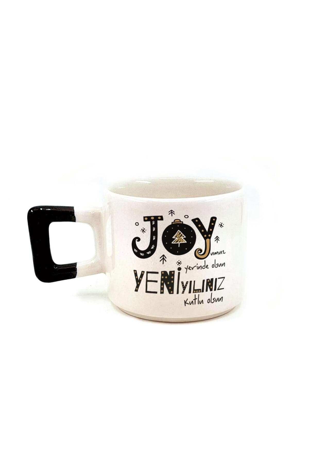 Joyumuz Yerinde Olsun Baskılı Siyah Kulplu Kare Kupa - Yılbaşı Hediyesi Bardak Fincan Mug