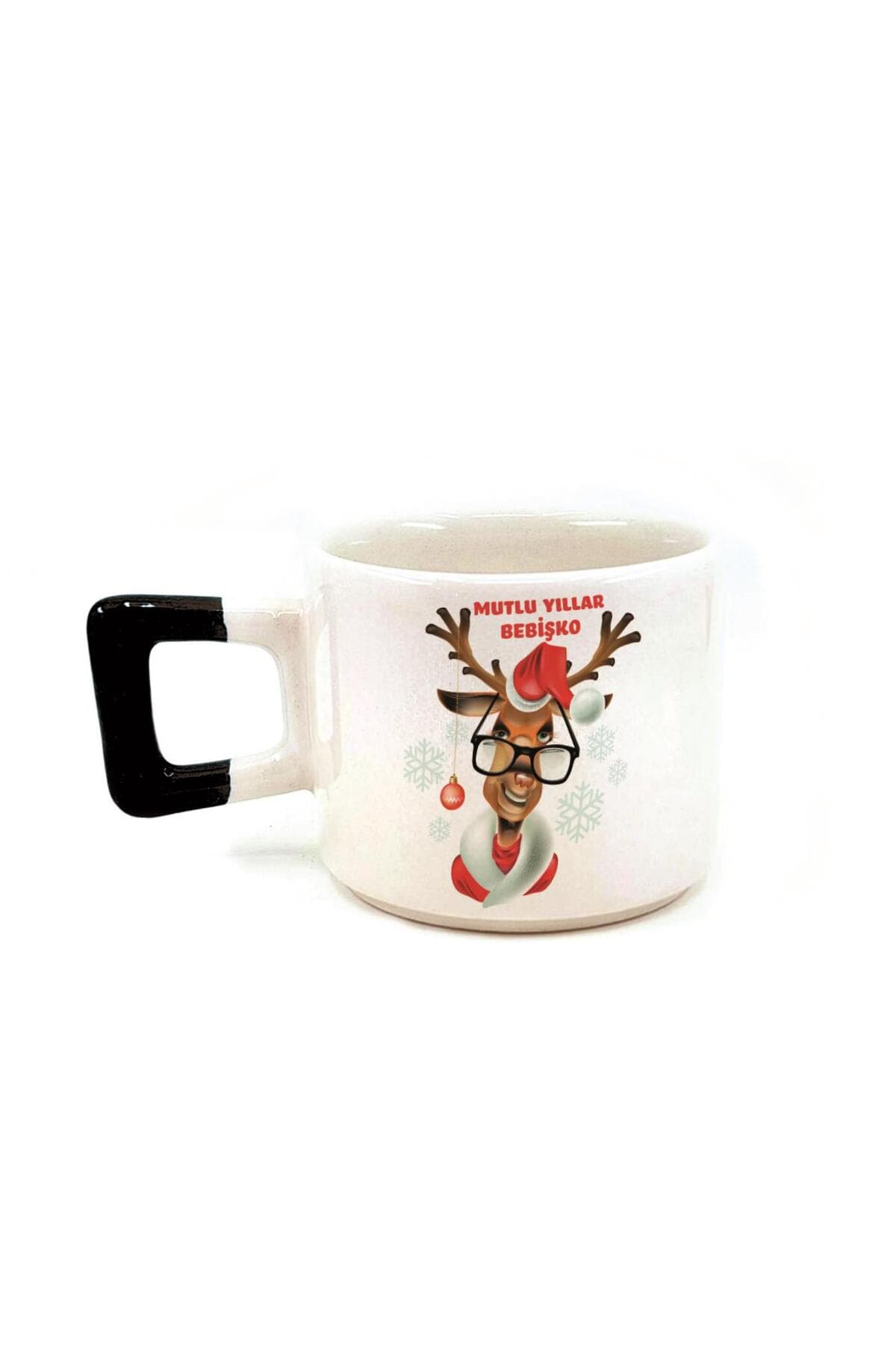 Mutlu Yıllar Bebişko Baskılı Siyah Kulplu Kare Kupa - Yılbaşı Hediyesi Bardak Fincan Mug