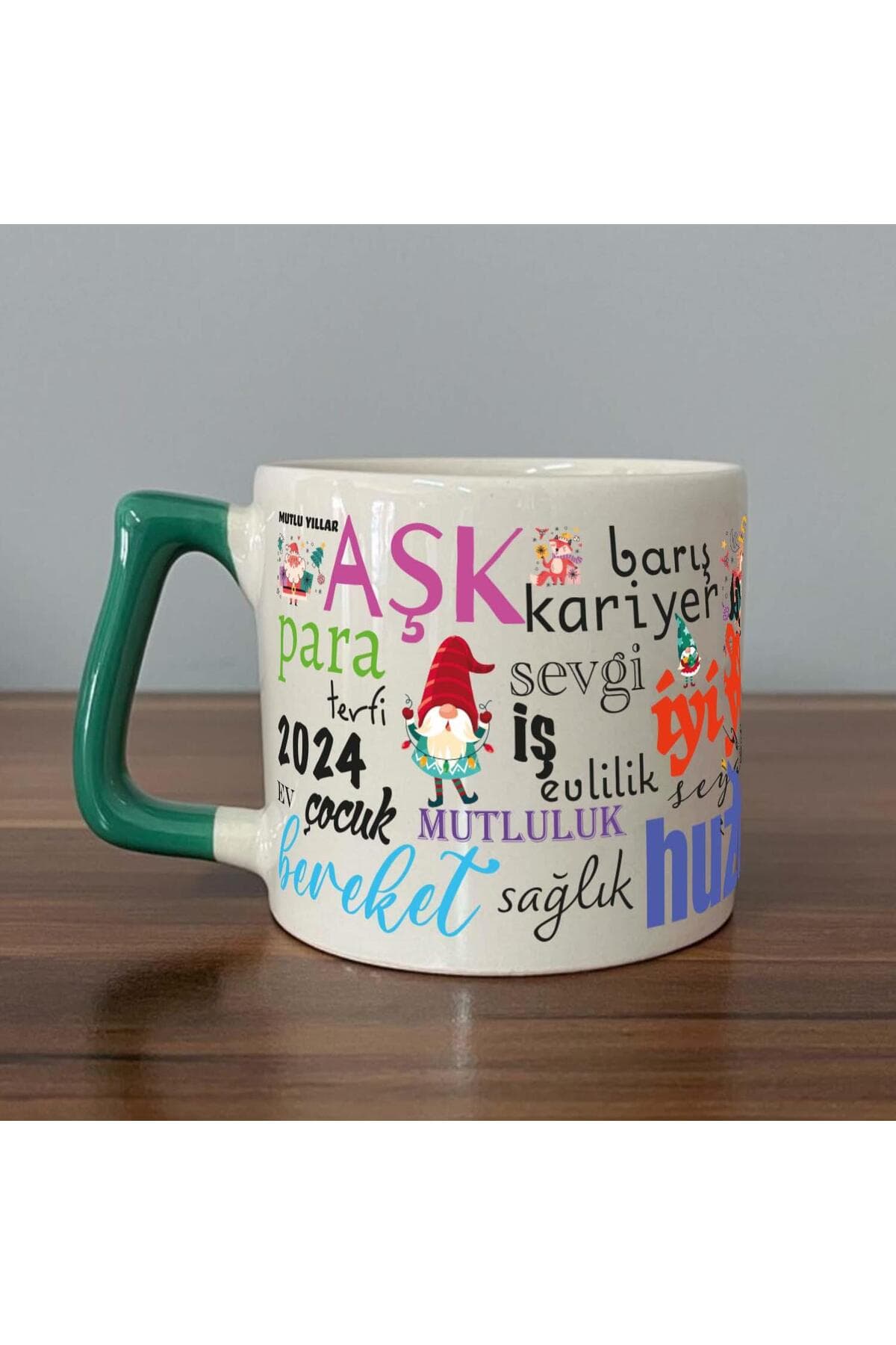 Dilekler Baskılı Yeşil Kulplu Prime Kupa - Yılbaşı Hediyesi Bardak Fincan Mug