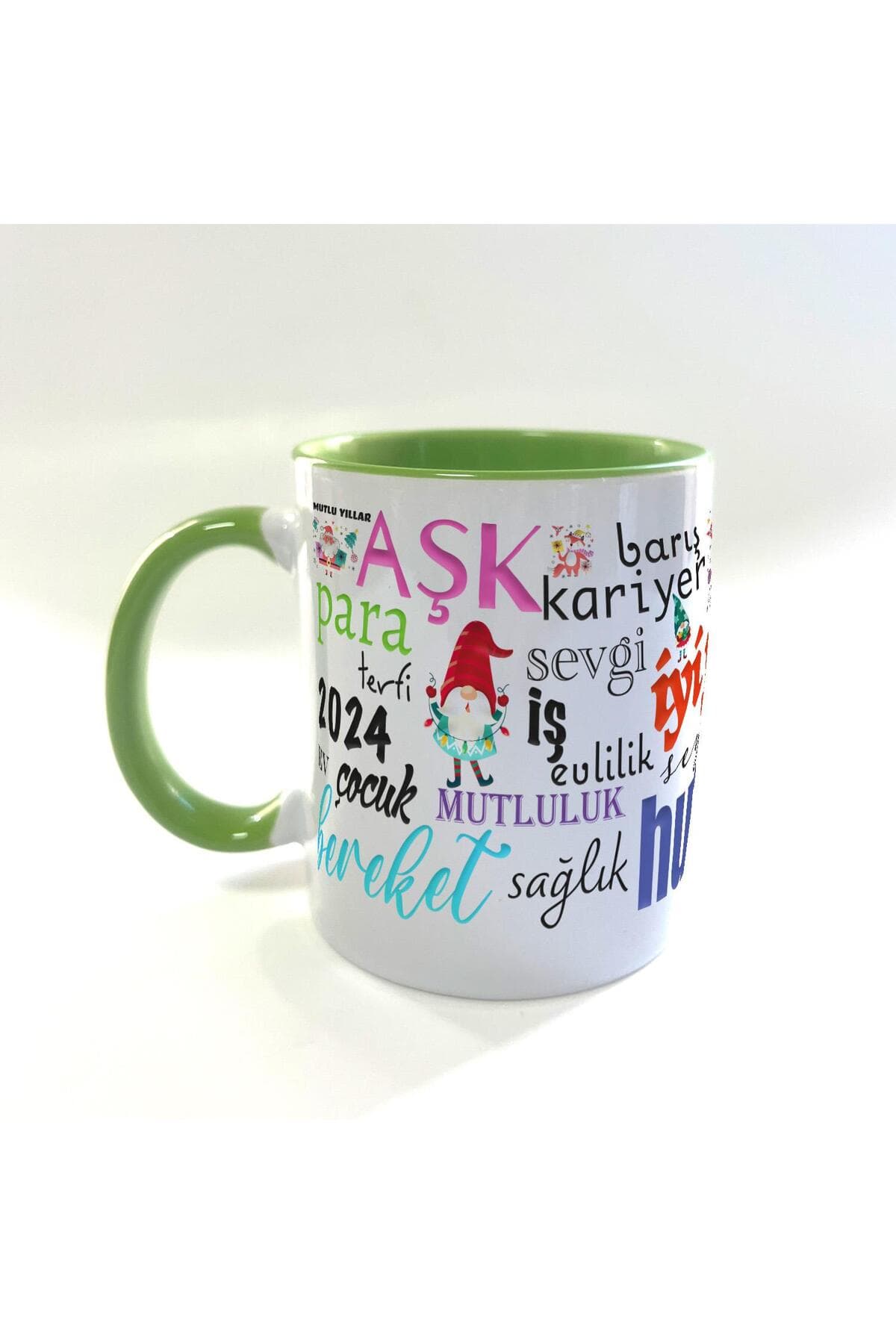 Dilekler Baskılı Yeşil İçi ve Kulbu Renkli Mega Kupa - Yılbaşı Hediyesi Bardak Fincan Mug