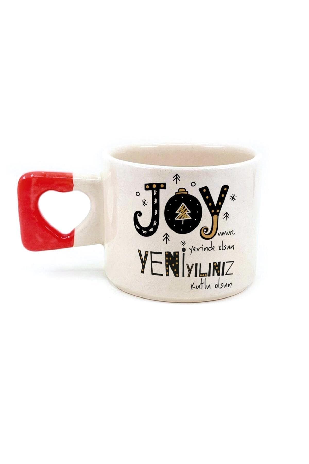 Joyumuz Yerinde Olsun Baskılı Kırmızı Kulplu Kalp Kupa - Yılbaşı Hediyesi Bardak Fincan Mug