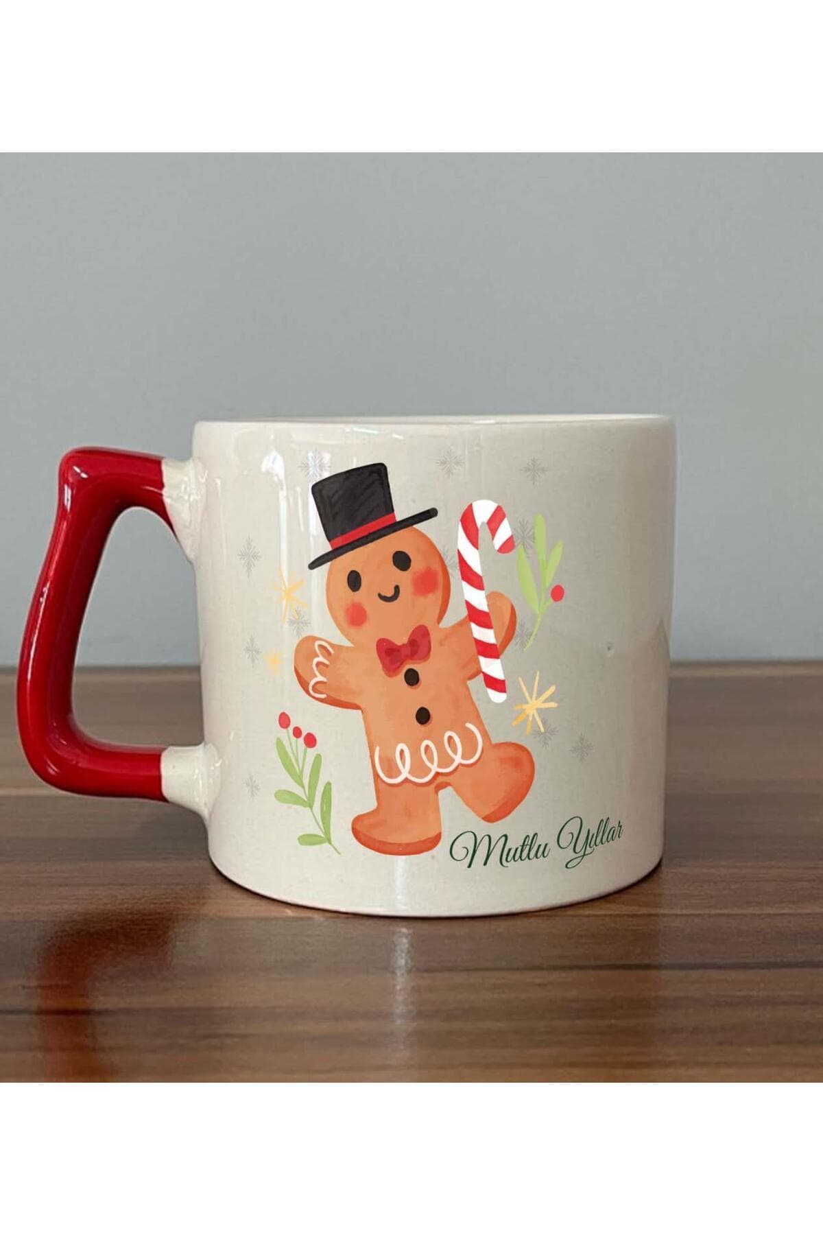 Mutlu Yıllar Kurabiye Adam Baskılı Kırmızı Kulplu Prime Kupa - Yılbaşı Hediyesi Bardak Fincan Mug