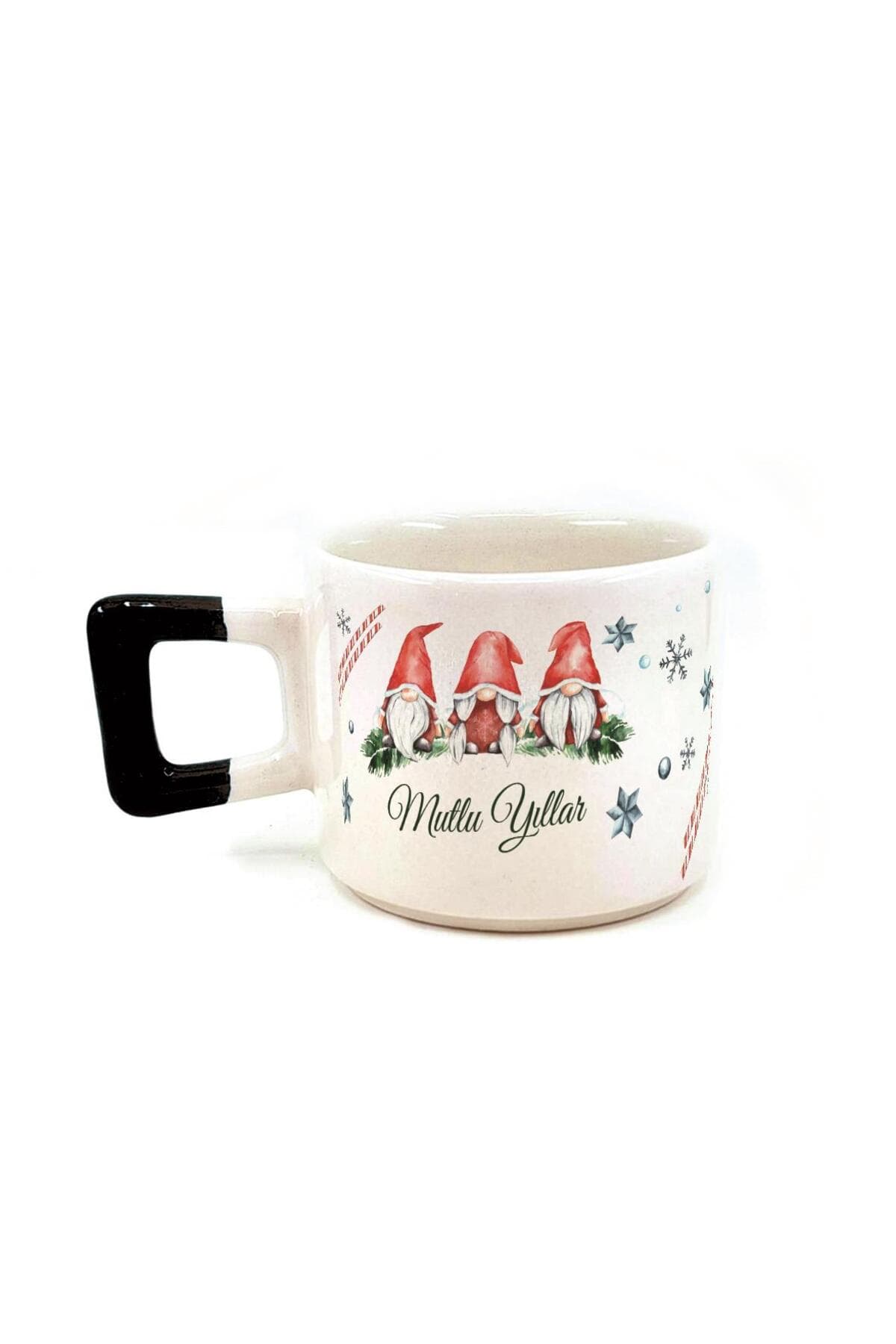 Mutlu Yıllar 3 Noel Baba Baskılı Siyah Kulplu Kare Kupa - Babaya Hediye Bardak Fincan Mug