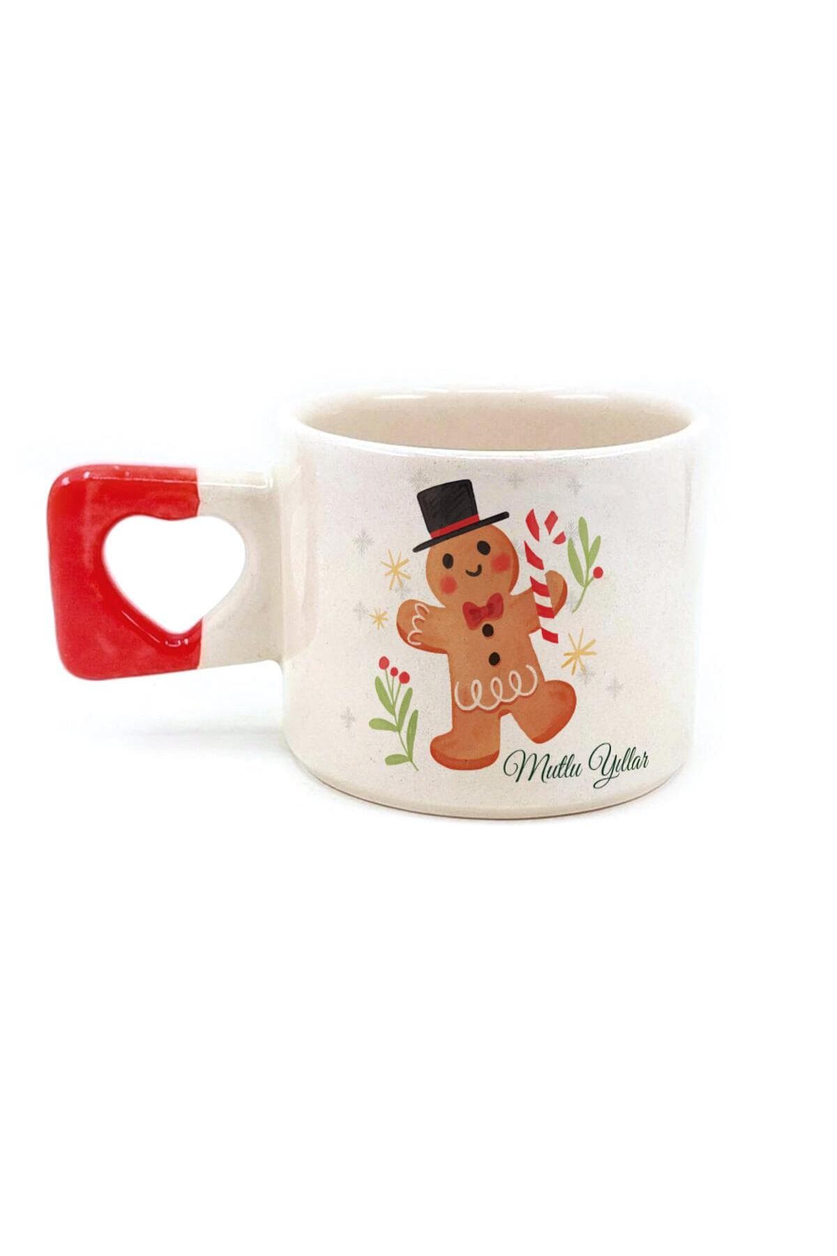 Mutlu Yıllar Kurabiye Adam Baskılı Kırmızı Kulplu Kalp Kupa - Yılbaşı Hediyesi Bardak Fincan Mug