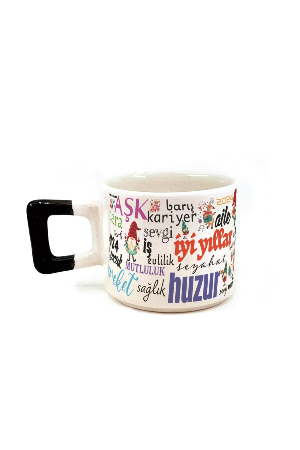 Dilekler Baskılı Siyah Kulplu Kare Kupa - Yılbaşı Hediyesi Bardak Fincan Mug
