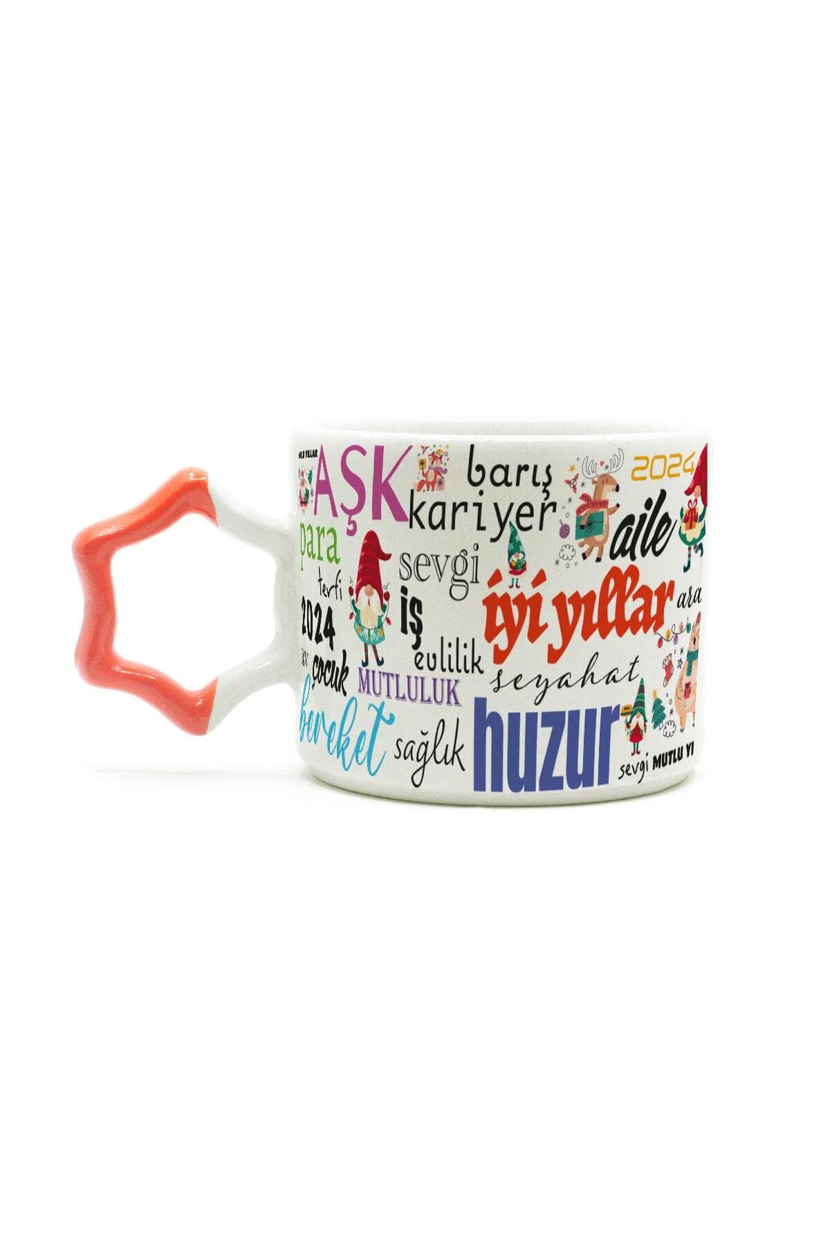 Dilekler Baskılı Turuncu Kulplu Yıldız Kupa - Yılbaşı Hediyesi Bardak Fincan Mug