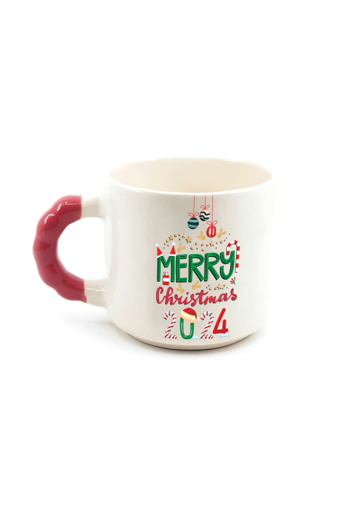 Merry Christmas 2024 Baskılı Kırmızı Kulplu Boncuk Kupa - Yılbaşı Hediyesi Bardak Fincan Mug