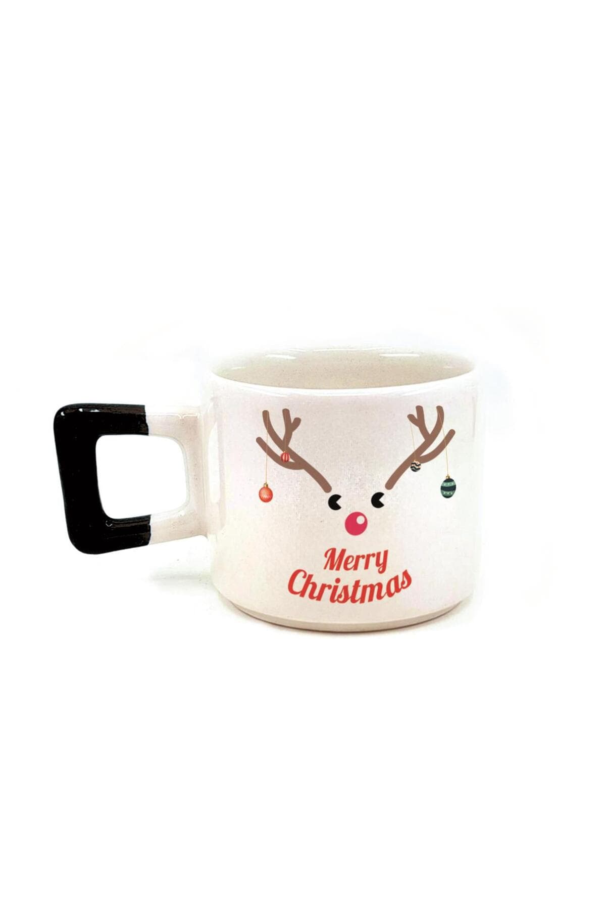 Merry Christmas Geyik Baskılı Siyah Kulplu Kare Kupa - Yılbaşı Hediyesi Bardak Fincan Mug