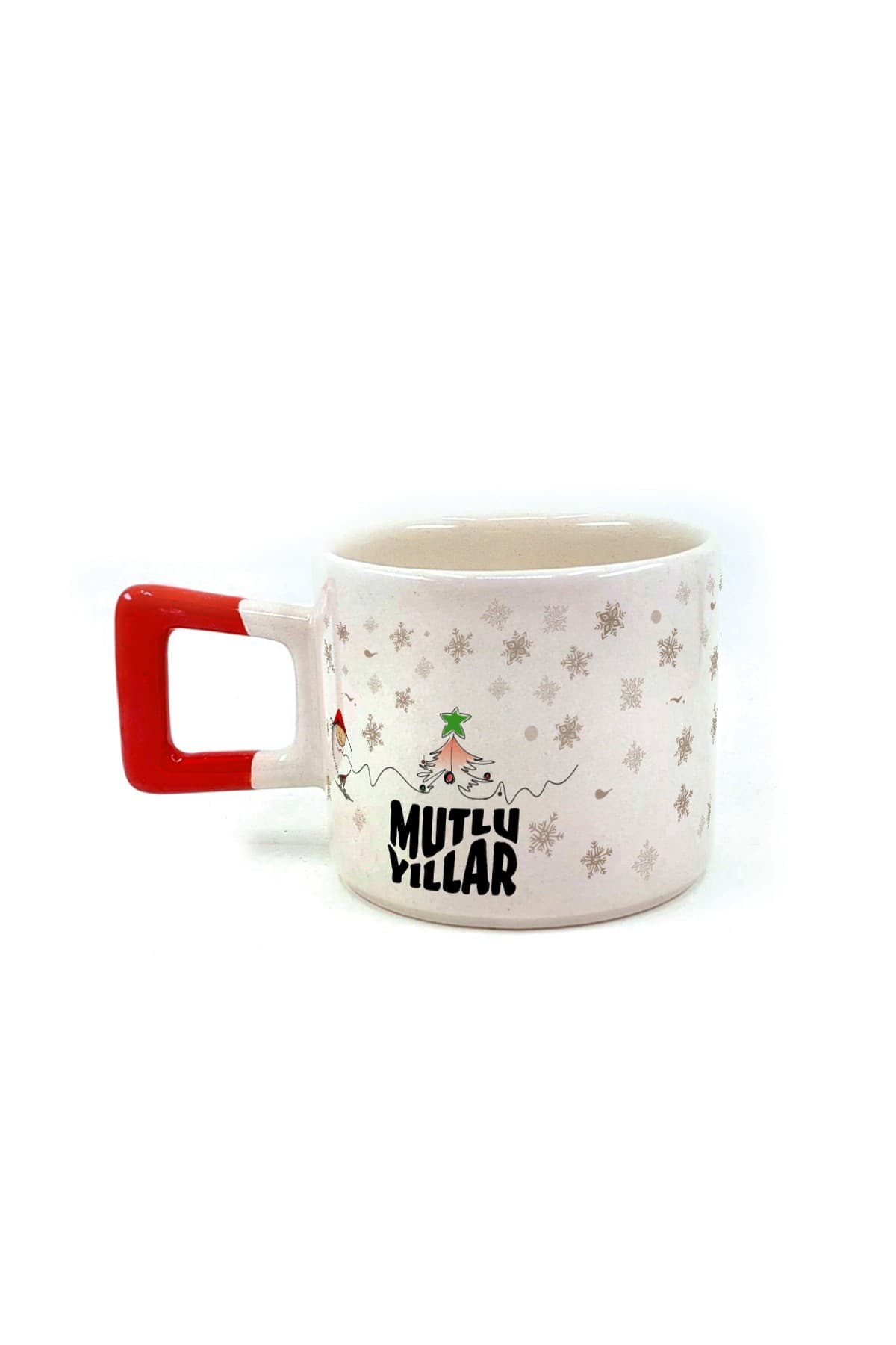 Mutlu Yıllar Kar Taneleri Baskılı Kırmızı Kulplu Kare Kupa - Yılbaşı Hediyesi Bardak Fincan Mug