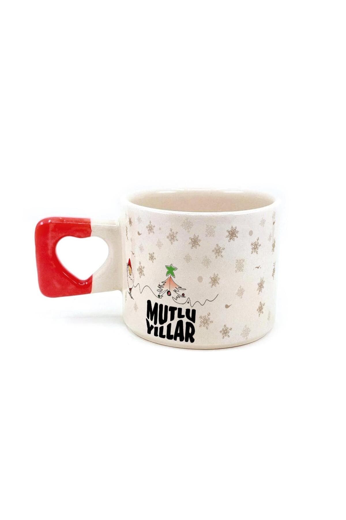 Mutlu Yıllar Kar Taneleri Baskılı Kırmızı Kulplu Kalp Kupa - Yılbaşı Hediyesi Bardak Fincan Mug