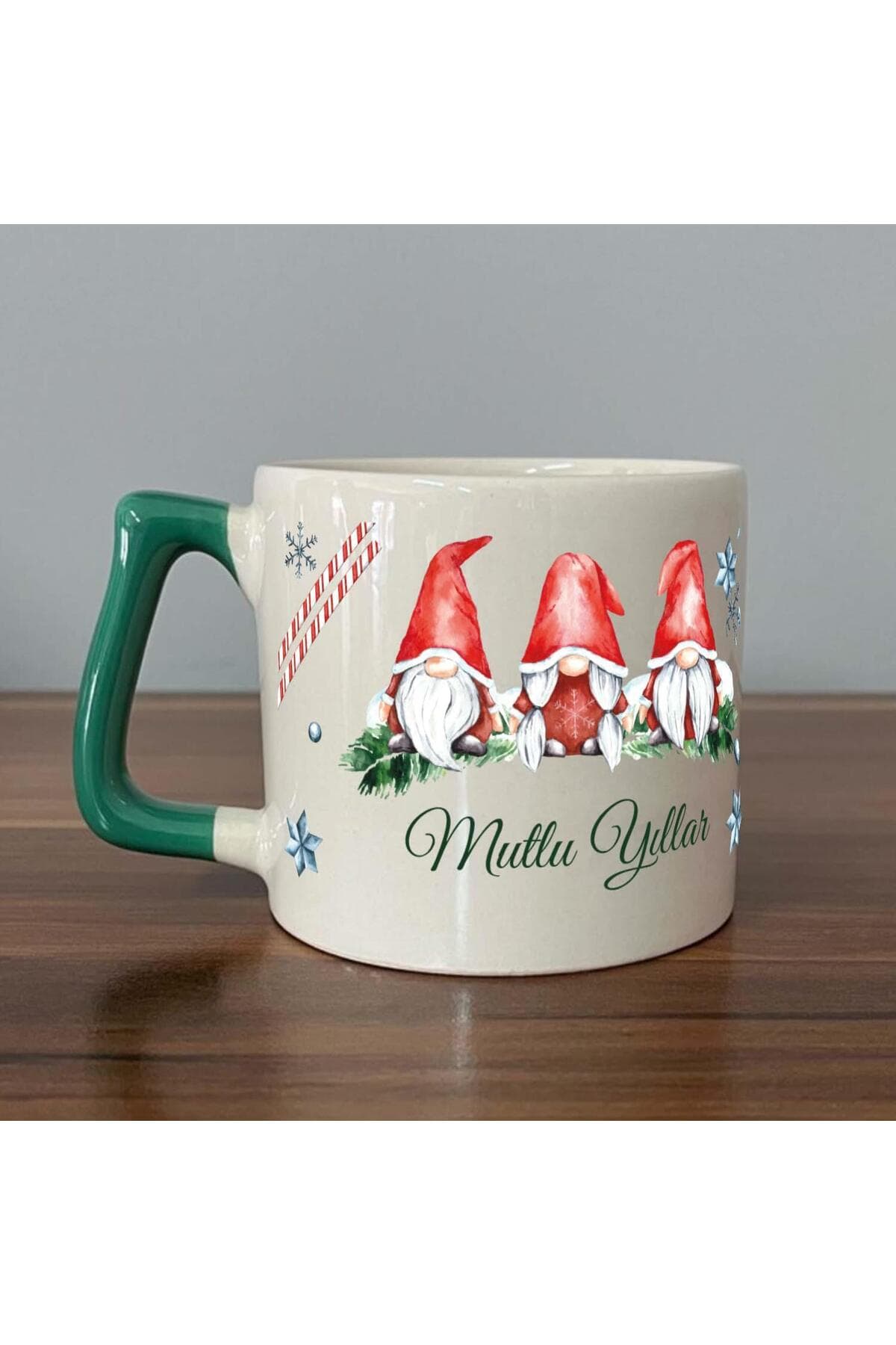 Mutlu Yıllar 3 Noel Baba Baskılı Yeşil Kulplu Prime Kupa - Babaya Hediye Bardak Fincan Mug