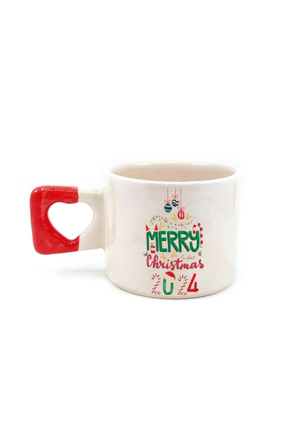 Merry Christmas 2024 Baskılı Kırmızı Kulplu Kalp Kupa - Yılbaşı Hediyesi Bardak Fincan Mug