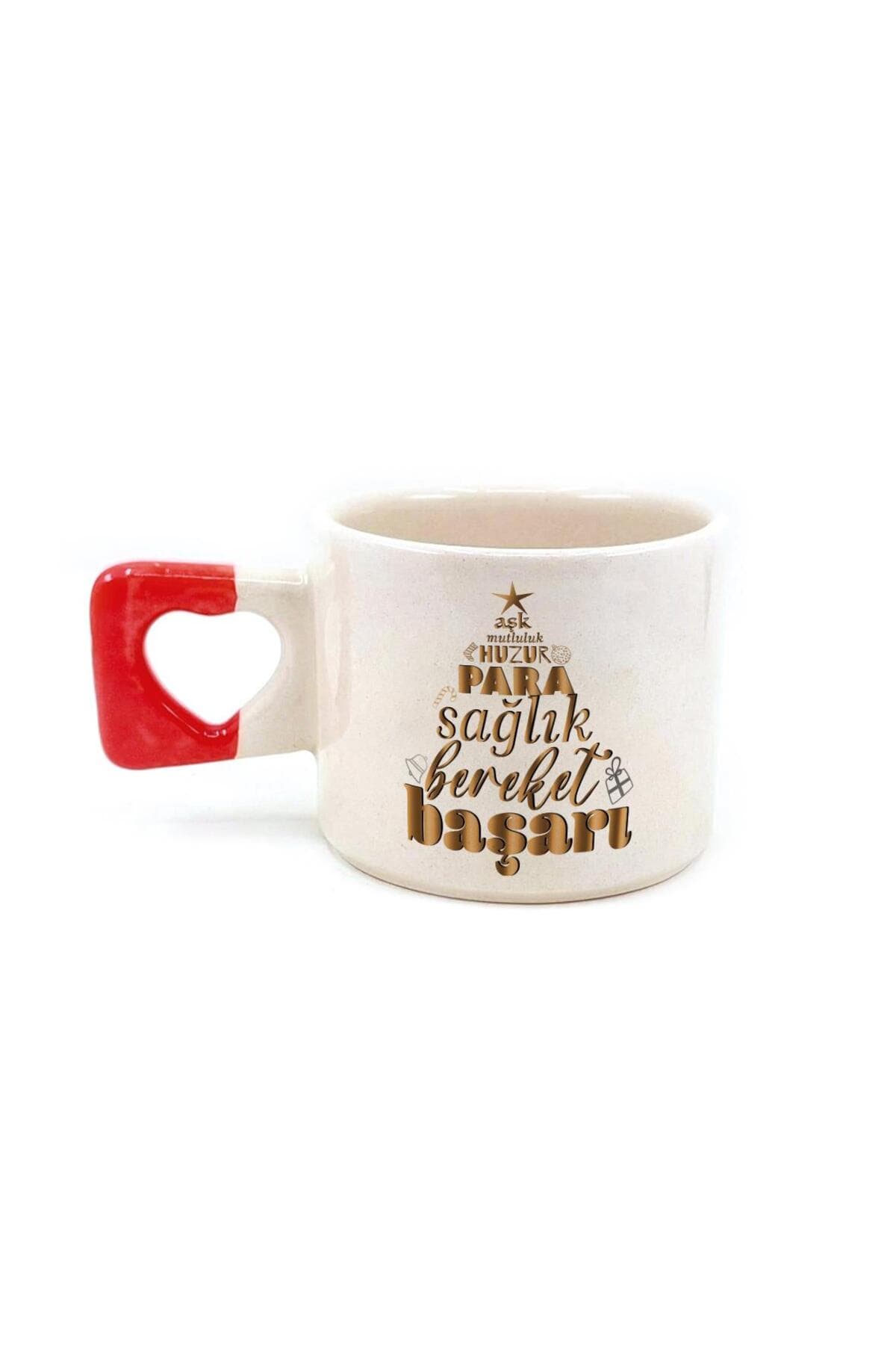 Dilek Ağacım Baskılı Kırmızı Kulplu Kalp Kupa - Yılbaşı Hediyesi Bardak Fincan Mug