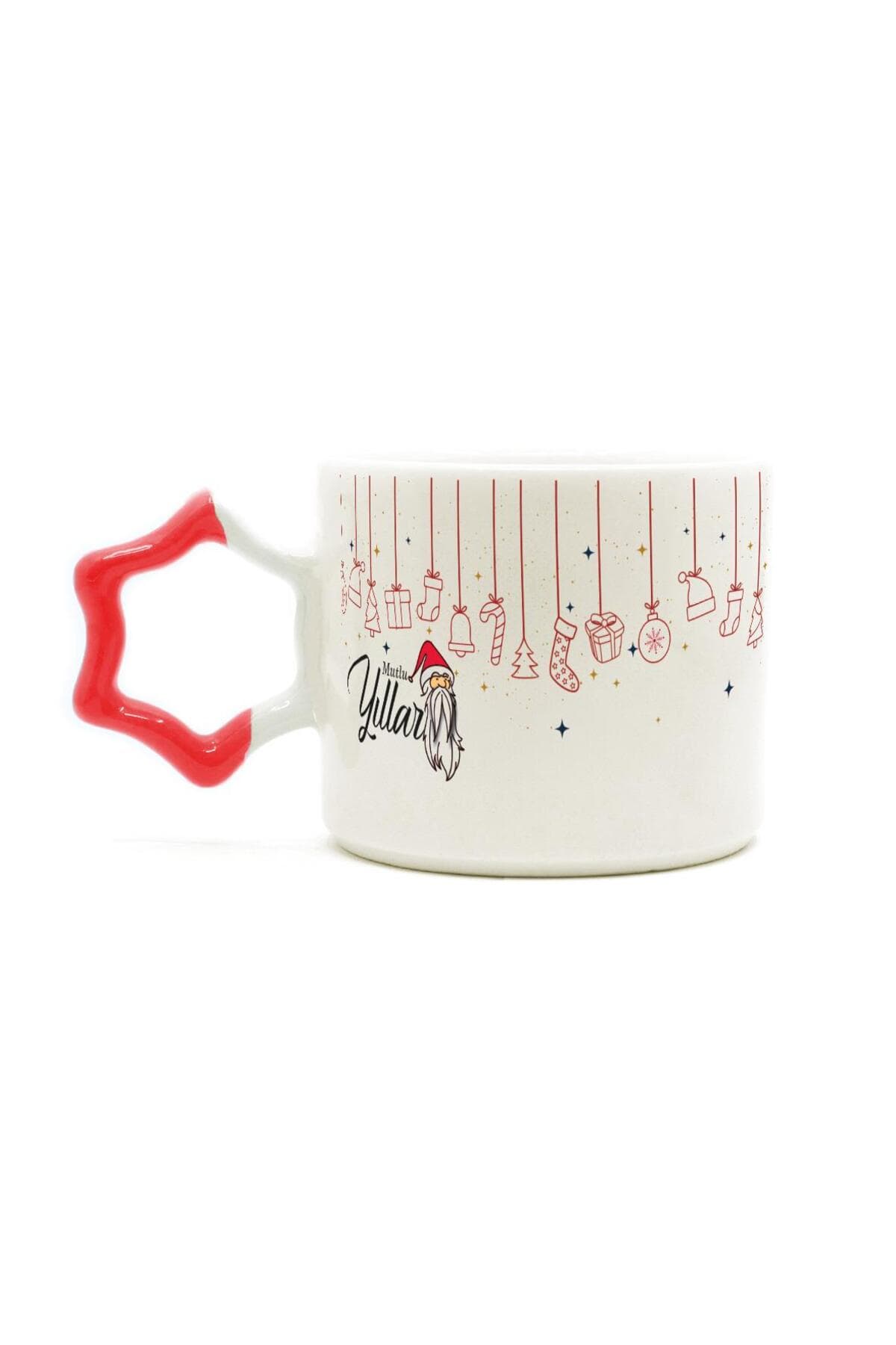 Mutlu Yıllar Asılı Yılbaşı Süsleri Baskılı Kulplu Yıldız Kupa - Yılbaşı Hediyesi Bardak Fincan Mug