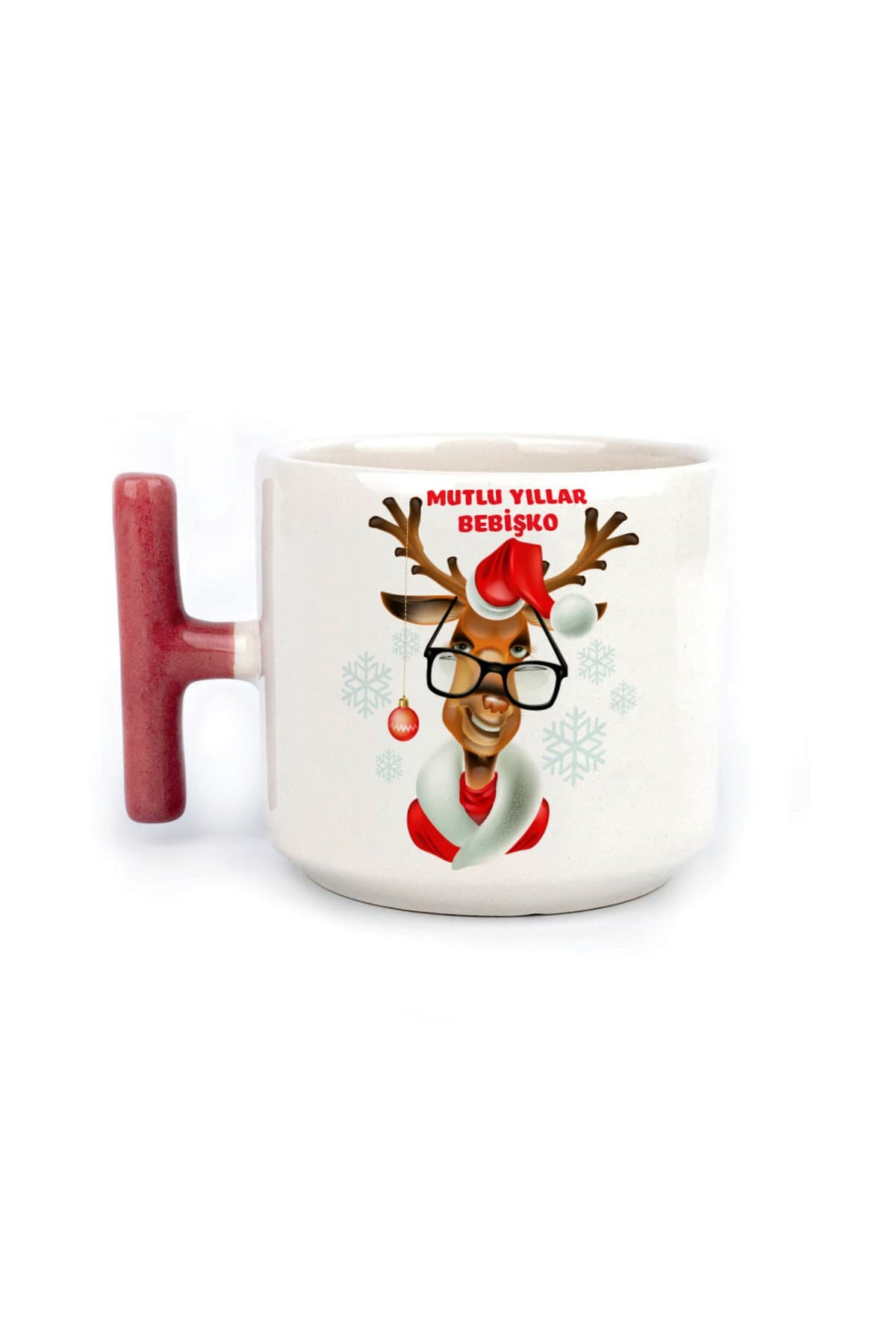 Mutlu Yıllar Bebişko Baskılı Kırmızı Kulplu T Kupa - Yılbaşı Hediyesi Bardak Fincan Mug