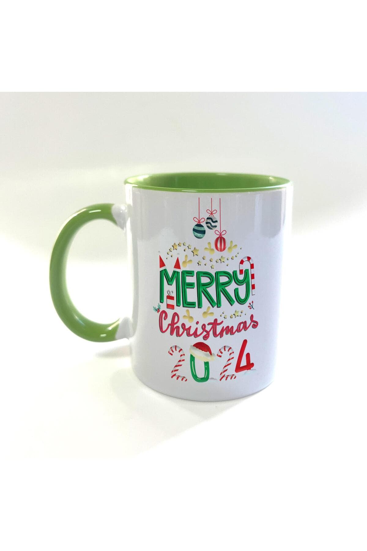 Merry Christmas 2024 Baskılı Yeşil İçi ve Kulbu Renkli Mega Kupa - Yılbaşı Hediyesi Bardak Fincan