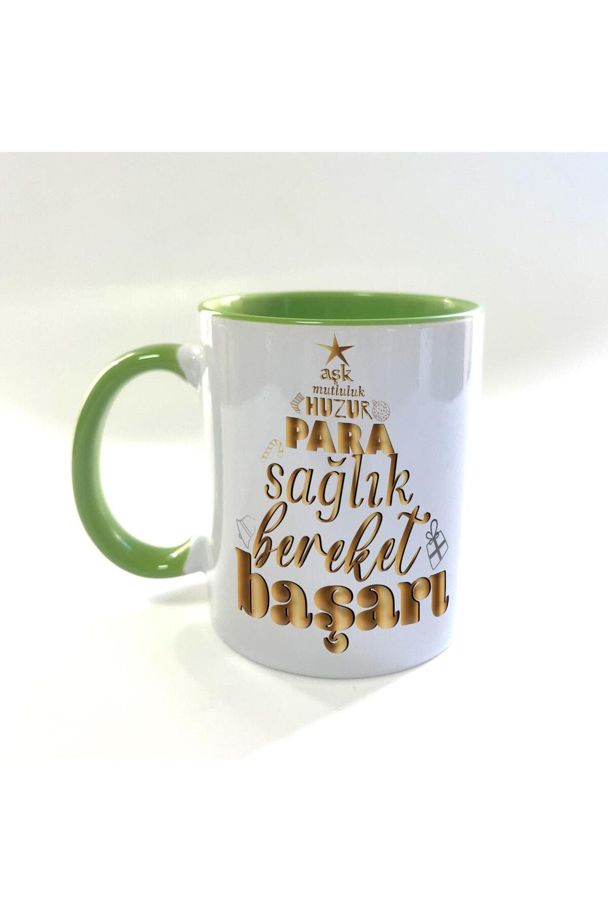 Dilek Ağacım Baskılı Yeşil İçi ve Kulbu Renkli Mega Kupa - Yılbaşı Hediyesi Bardak Fincan Mug
