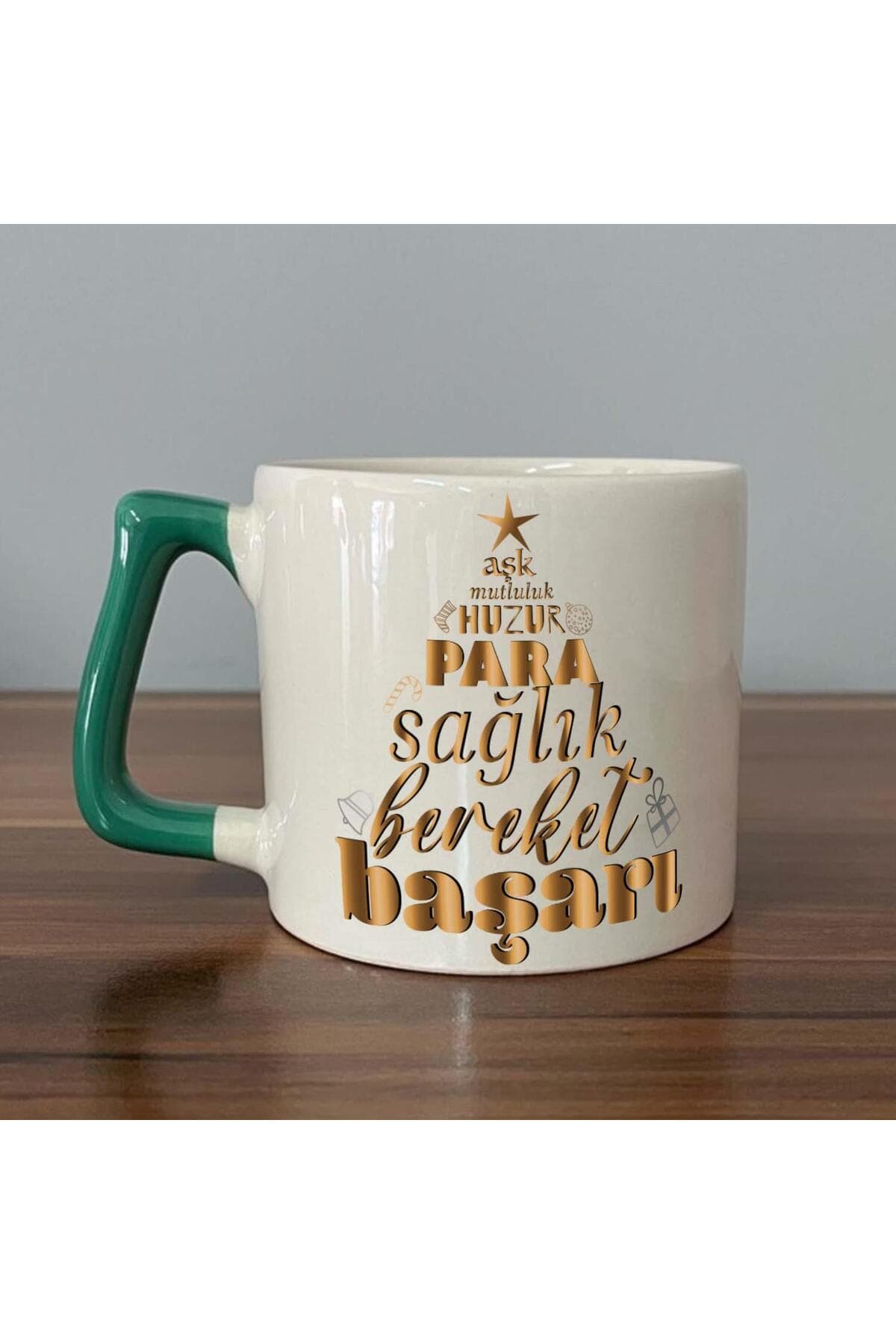 Dilek Ağacım Baskılı Yeşil Kulplu Prime Kupa - Yılbaşı Hediyesi Bardak Fincan Mug