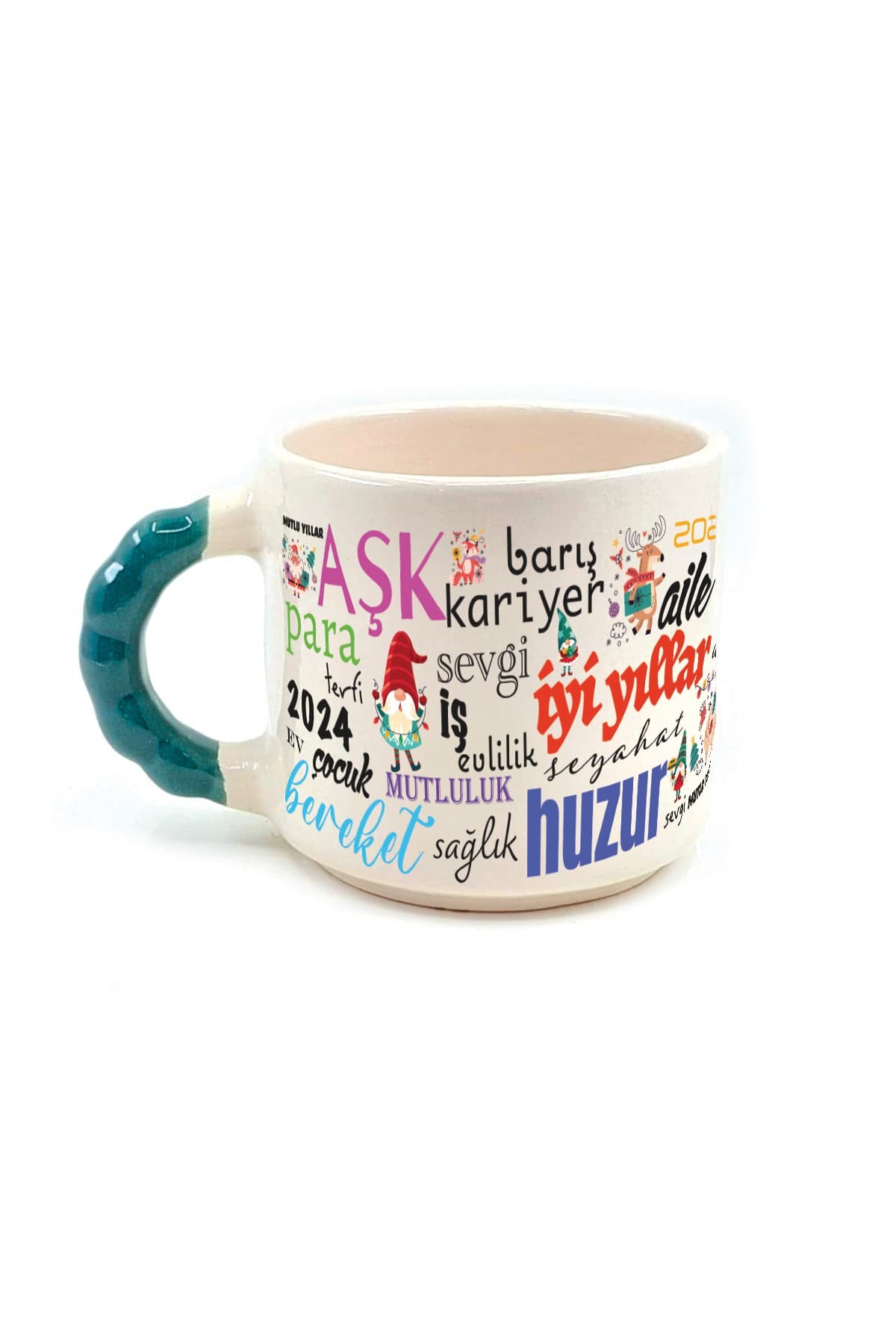 Dilekler Baskılı Yeşil Kulplu Boncuk Kupa - Yılbaşı Hediyesi Bardak Fincan Mug