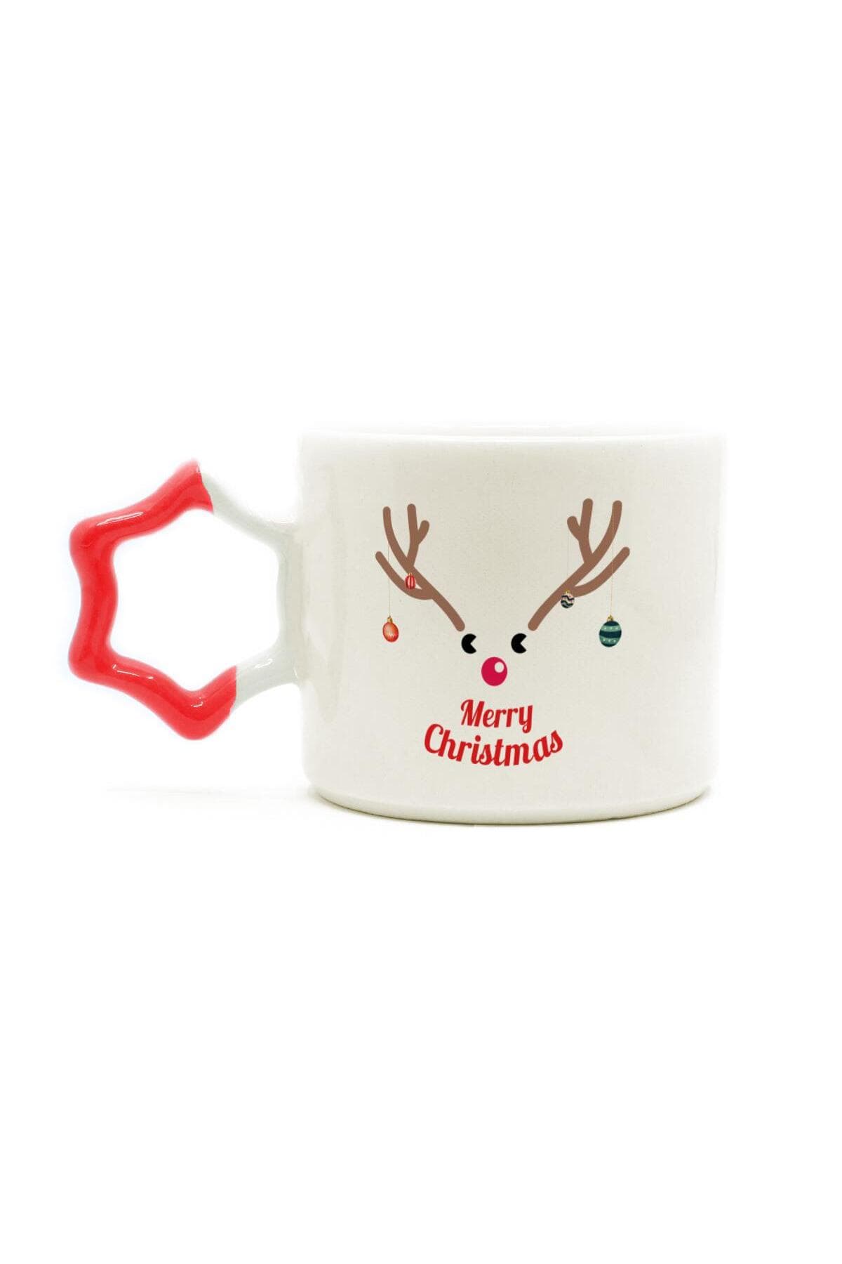 Merry Christmas Geyik Baskılı Kırmızı Kulplu Yıldız Kupa - Yılbaşı Hediyesi Bardak Fincan Mug