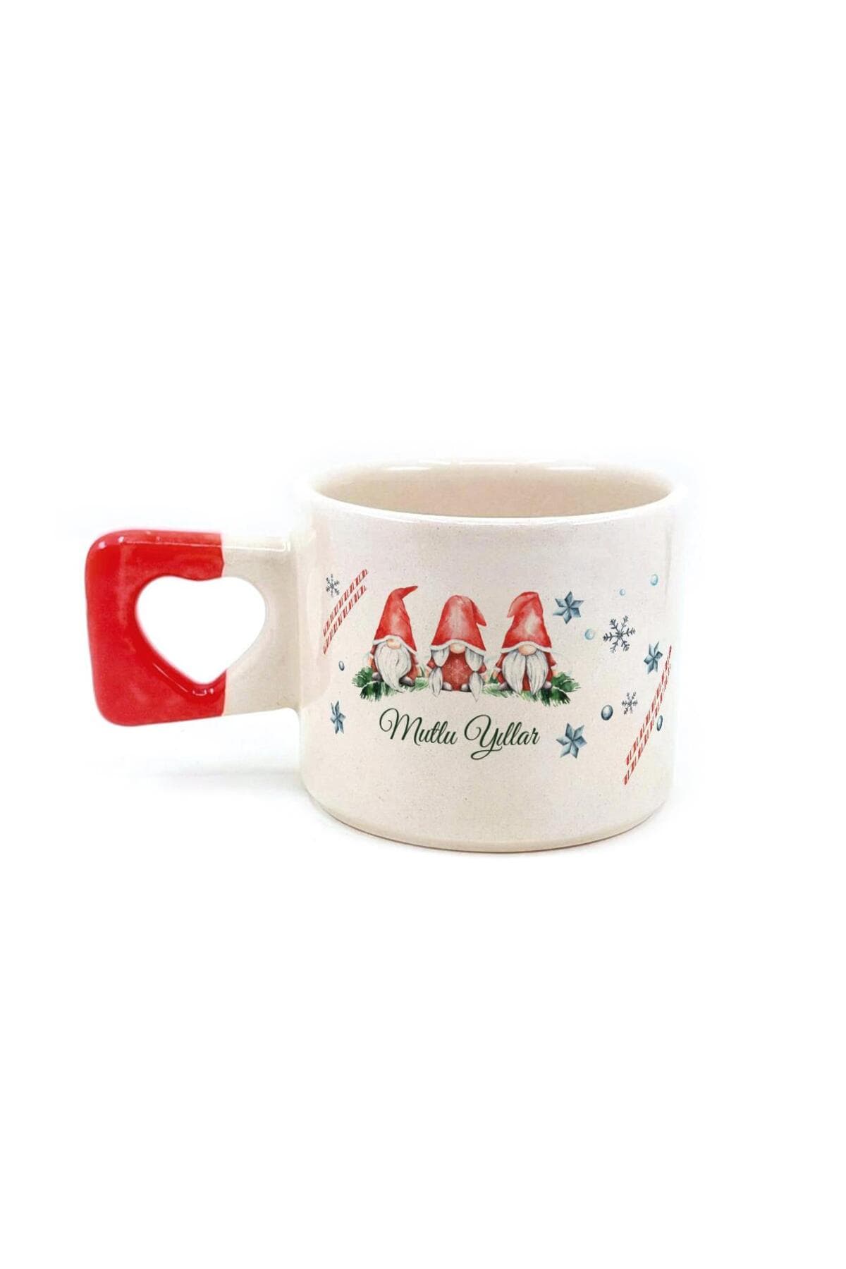Mutlu Yıllar 3 Noel Baba Baskılı Kırmızı Kulplu Kalp Kupa - Babaya Hediye Bardak Fincan Mug