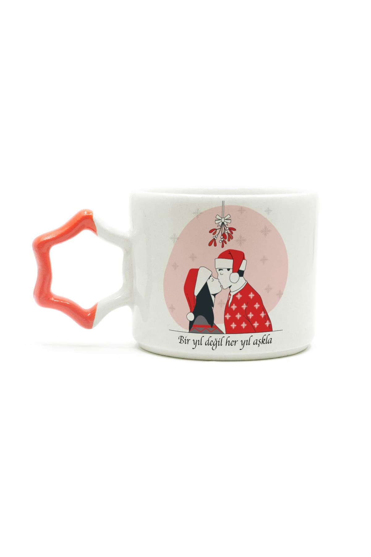 Bir Yıl Değil Her Yıl Aşkla Baskılı Turuncu Kulplu Yıldız Kupa - Sevgiliye Hediye Bardak Fincan Mug