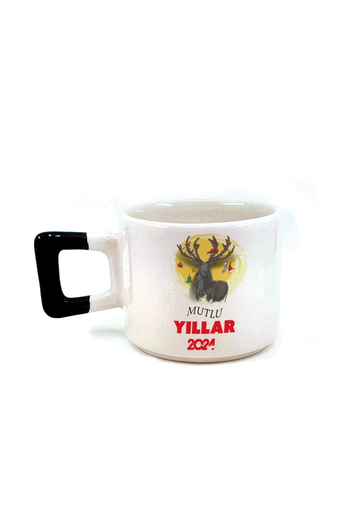 Mutlu Yıllar 2024 Geyik Baskılı Siyah Kulplu Kare Kupa - Yılbaşı Hediyesi Bardak Fincan Mug