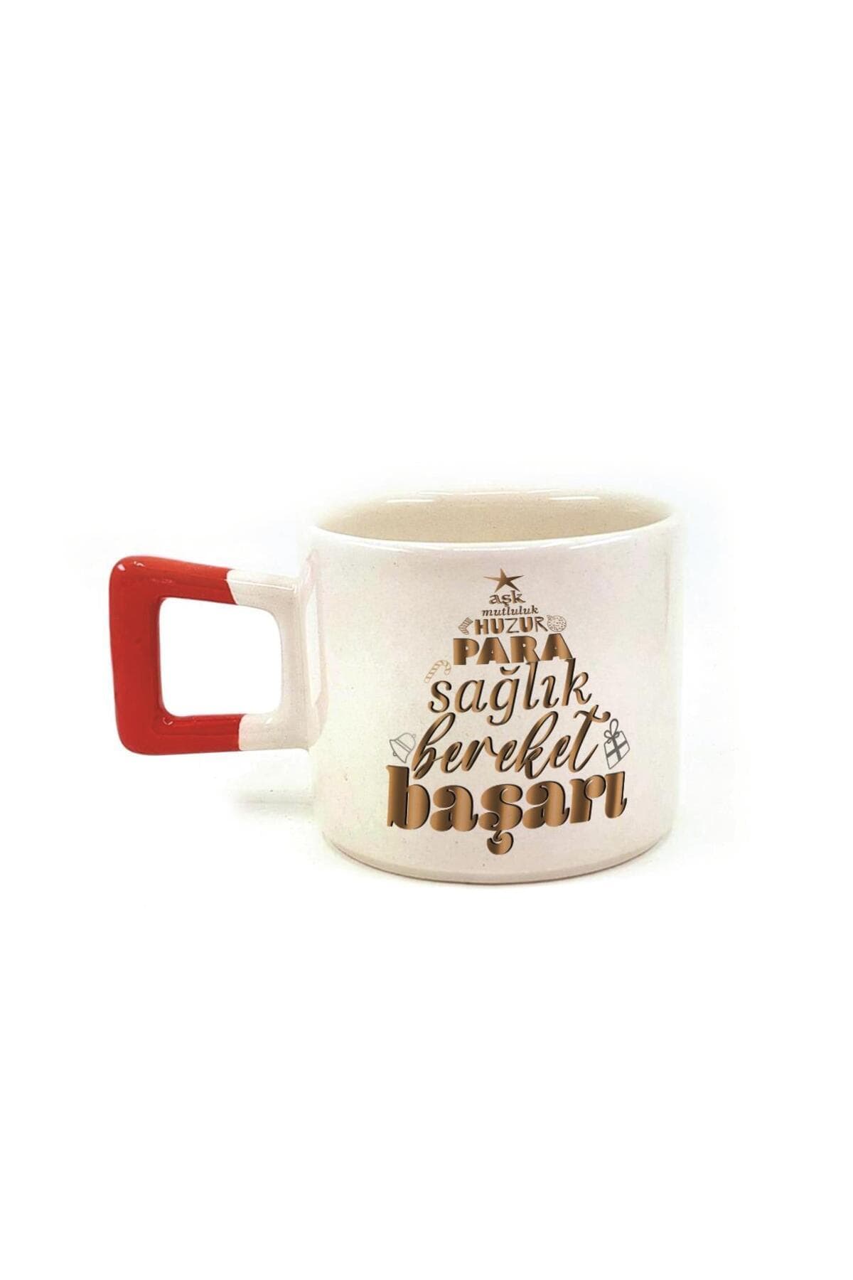Dilek Ağacım Baskılı Kırmızı Kulplu Kare Kupa - Yılbaşı Hediyesi Bardak Fincan Mug