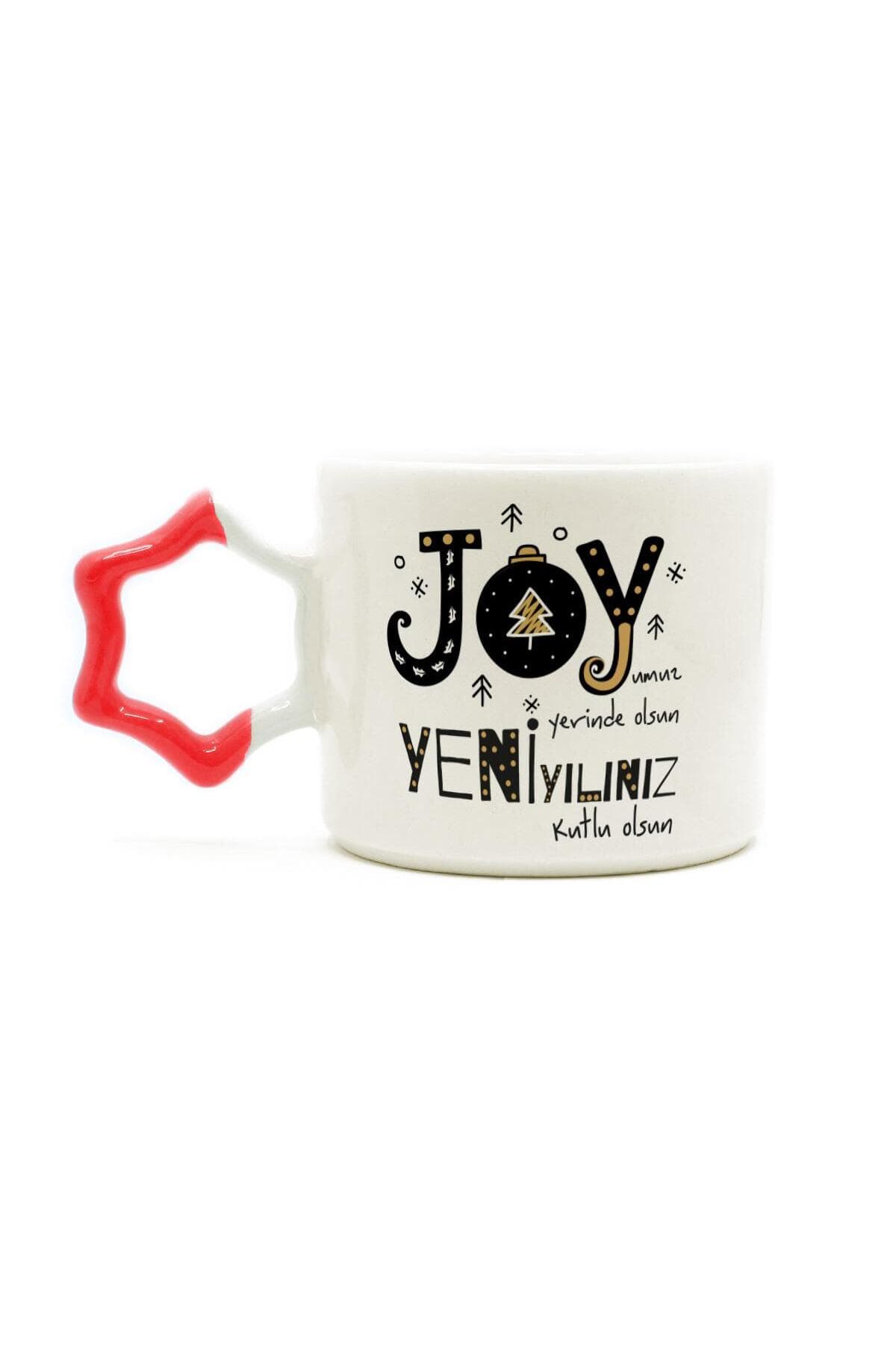 Joyumuz Yerinde Olsun Baskılı Kırmızı Kulplu Yıldız Kupa - Yılbaşı Hediyesi Bardak Fincan Mug