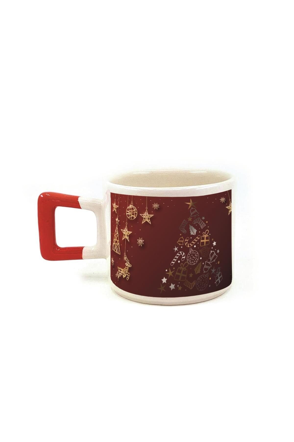 Çam Ağacı Süsleri Baskılı Kırmızı Kulplu Kare Kupa - Yılbaşı Hediyesi Bardak Fincan Mug