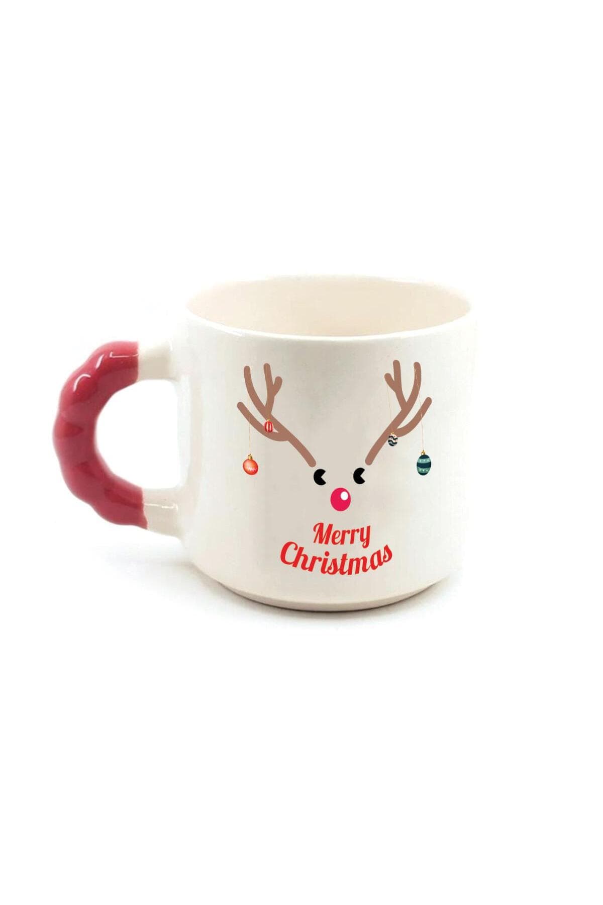 Merry Christmas Geyik Baskılı Kırmızı Kulplu Boncuk Kupa - Yılbaşı Hediyesi Bardak Fincan Mug