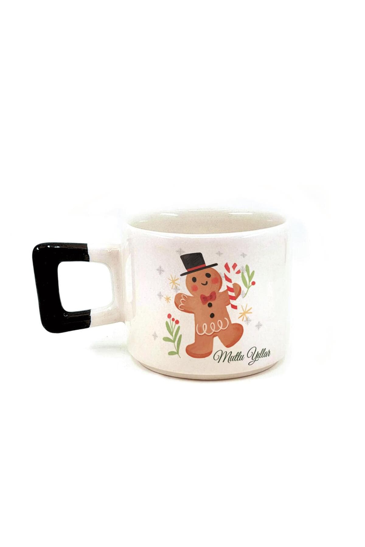 Mutlu Yıllar Kurabiye Adam Baskılı Siyah Kulplu Kare Kupa - Yılbaşı Hediyesi Bardak Fincan Mug