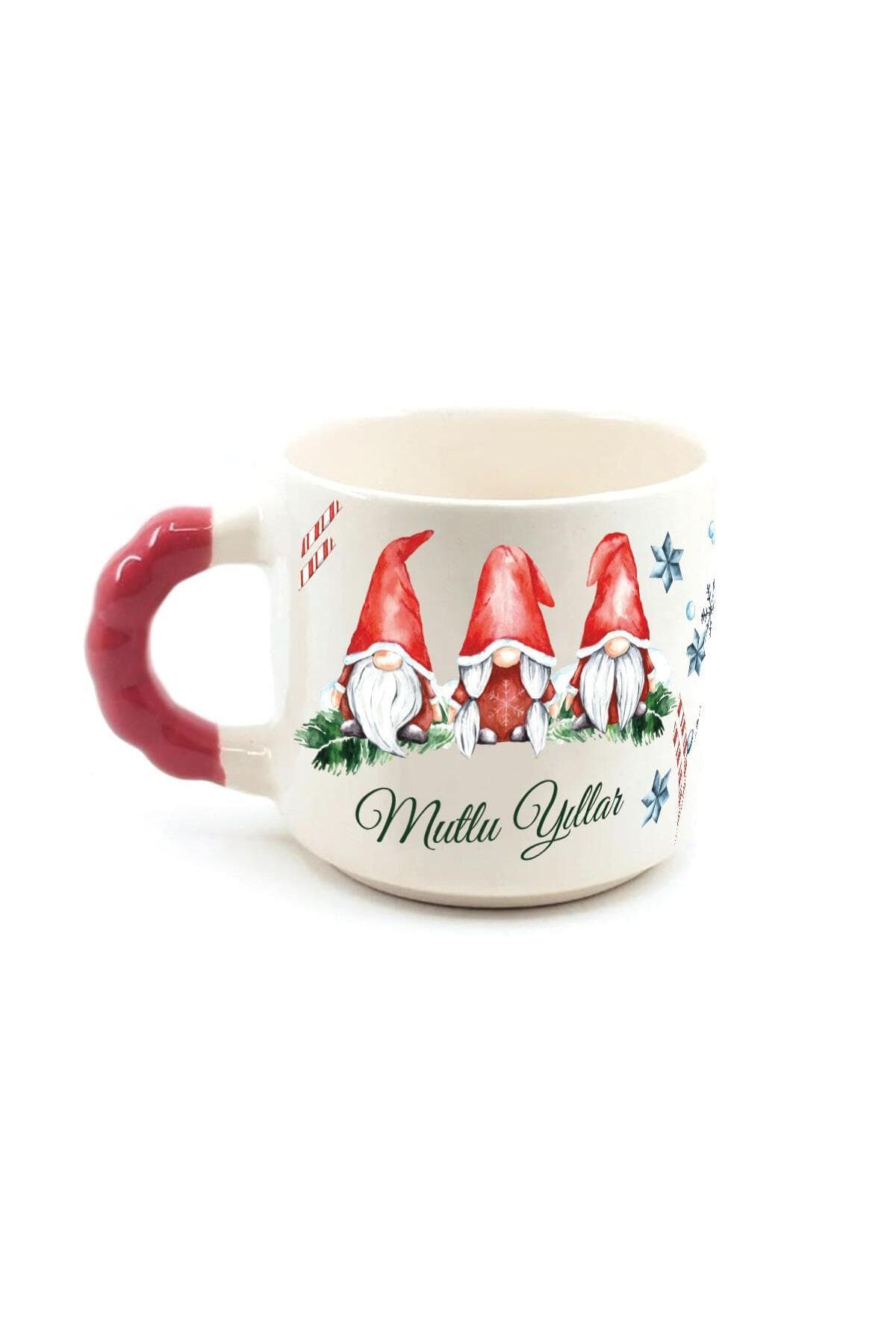 Mutlu Yıllar 3 Noel Baba Baskılı Kırmızı Kulplu Boncuk Kupa - Babaya Hediye Bardak Fincan Mug