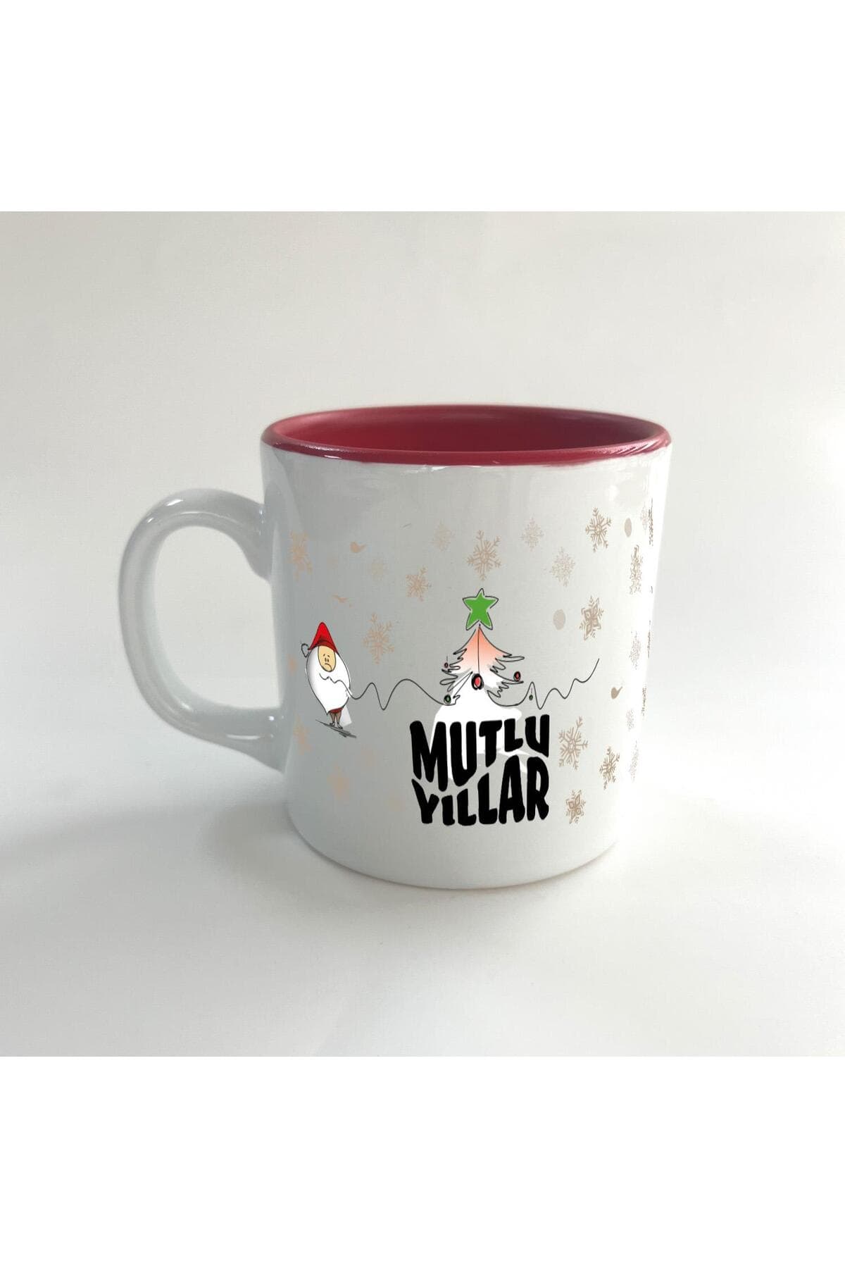 Mutlu Yıllar Kar Taneleri Baskılı Kırmızı İçi Renkli Multi Kupa - Yılbaşı Hediyesi Bardak Fincan Mug