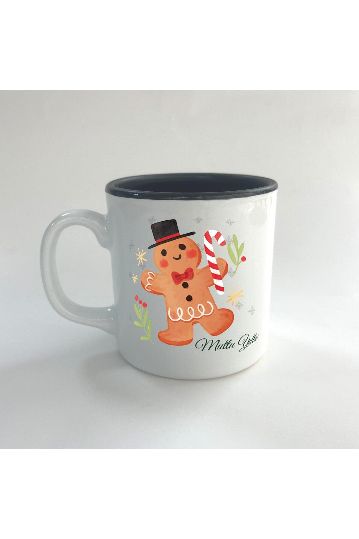 Mutlu Yıllar Kurabiye Adam Baskılı Siyah İçi Renkli Multi Kupa - Yılbaşı Hediyesi Bardak Fincan Mug