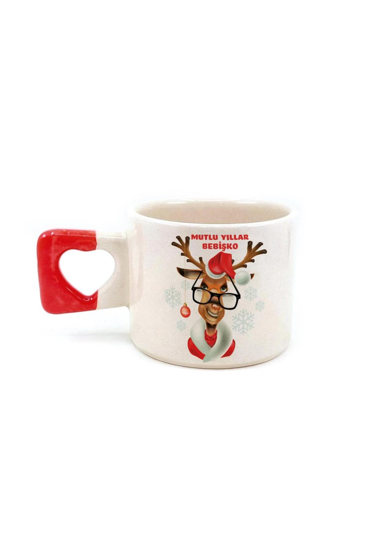 Mutlu Yıllar Bebişko Baskılı Kırmızı Kulplu Kalp Kupa - Yılbaşı Hediyesi Bardak Fincan Mug