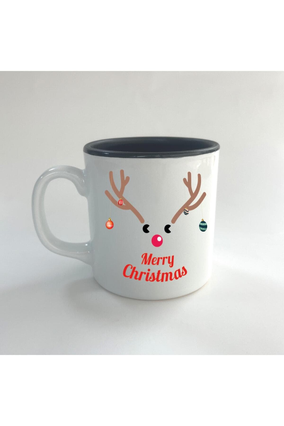 Merry Christmas Geyik Baskılı Siyah İçi Renkli Multi Kupa - Yılbaşı Hediyesi Bardak Fincan Mug