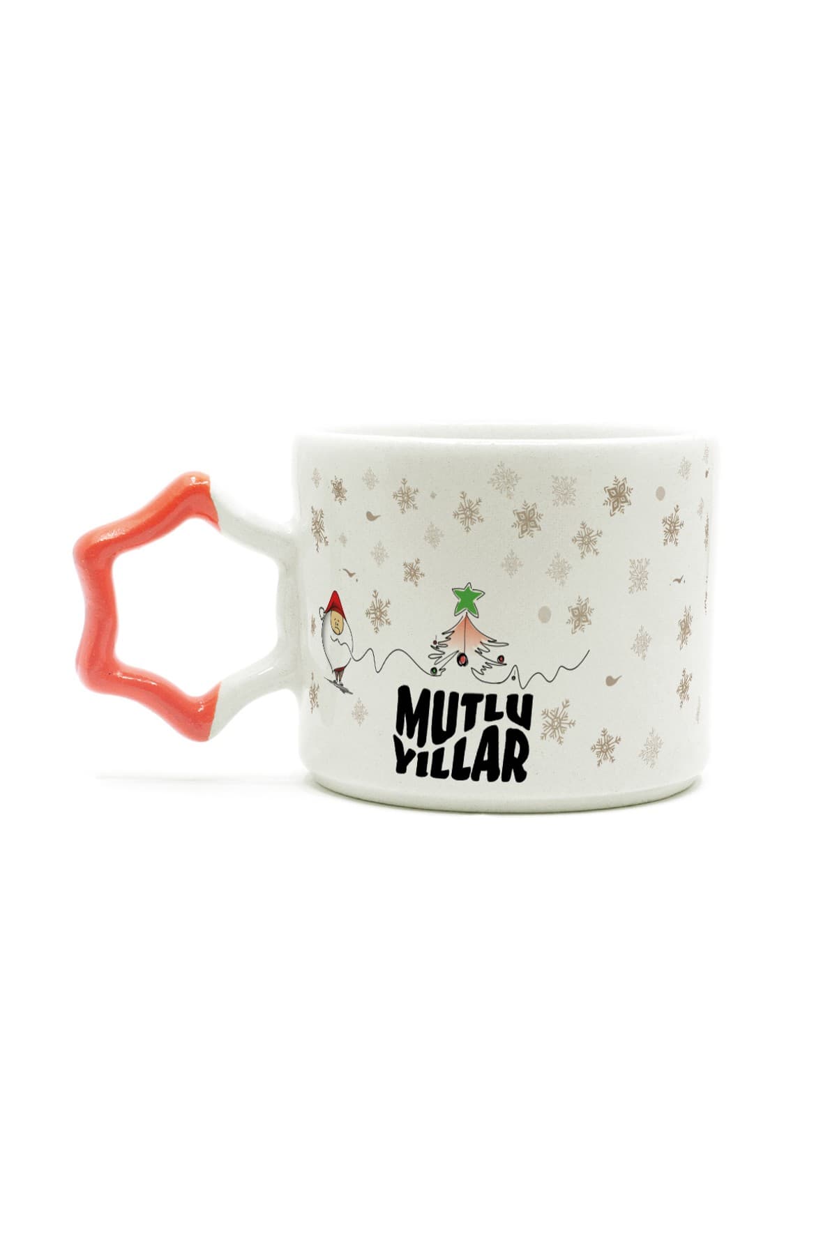 Mutlu Yıllar Kar Taneleri Baskılı Turuncu Kulplu Yıldız Kupa - Yılbaşı Hediyesi Bardak Fincan Mug