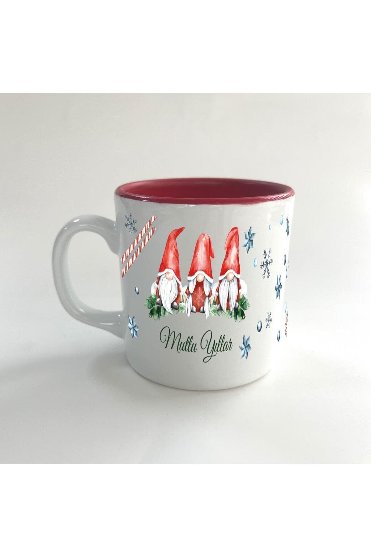 Mutlu Yıllar 3 Noel Baba Baskılı Kırmızı İçi Renkli Multi Kupa - Babaya Hediye Bardak Fincan Mug