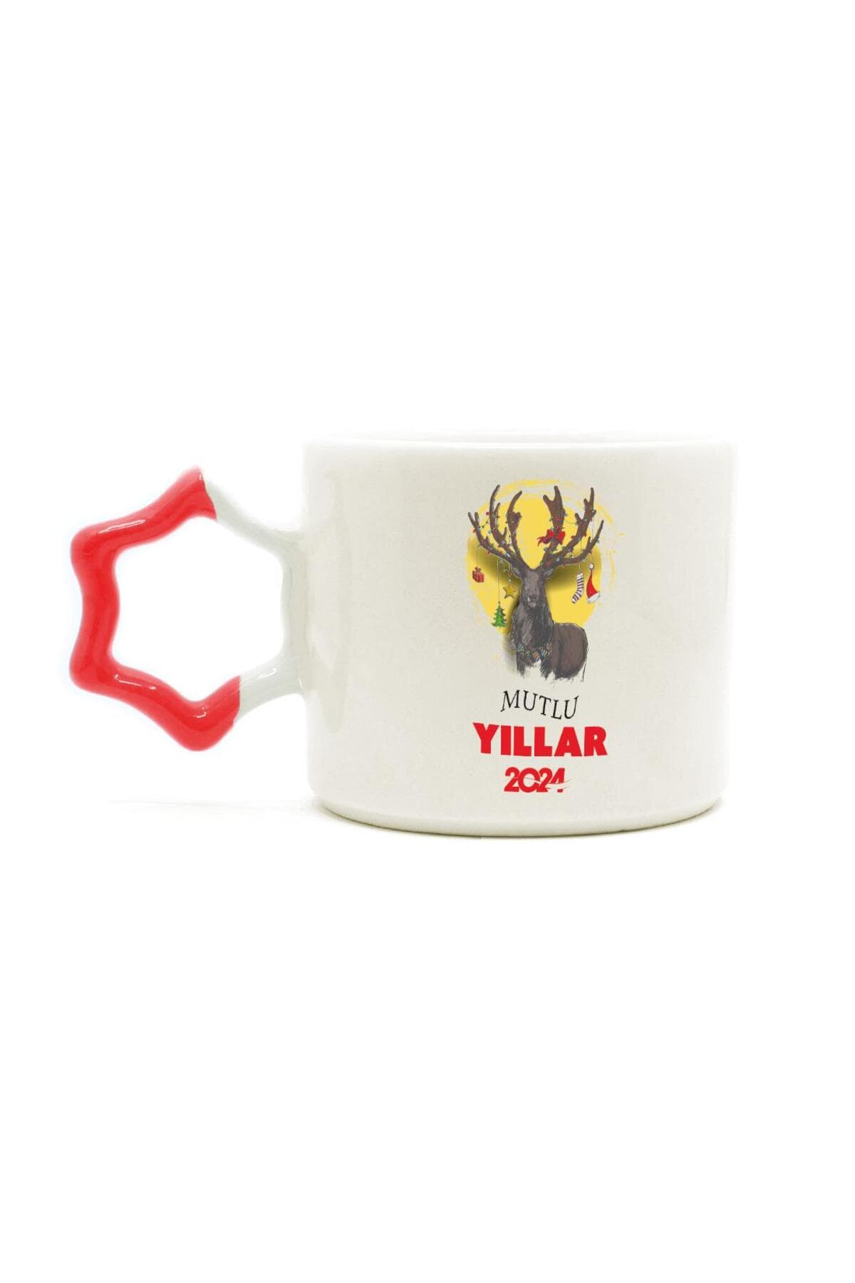 Mutlu Yıllar 2024 Geyik Baskılı Kırmızı Kulplu Yıldız Kupa - Yılbaşı Hediyesi Bardak Fincan Mug