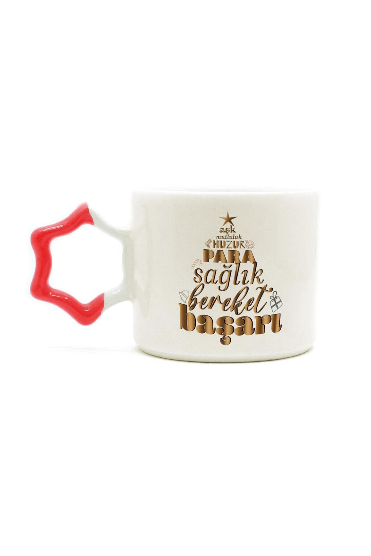 Dilek Ağacım Baskılı Kırmızı Kulplu Yıldız Kupa - Yılbaşı Hediyesi Bardak Fincan Mug