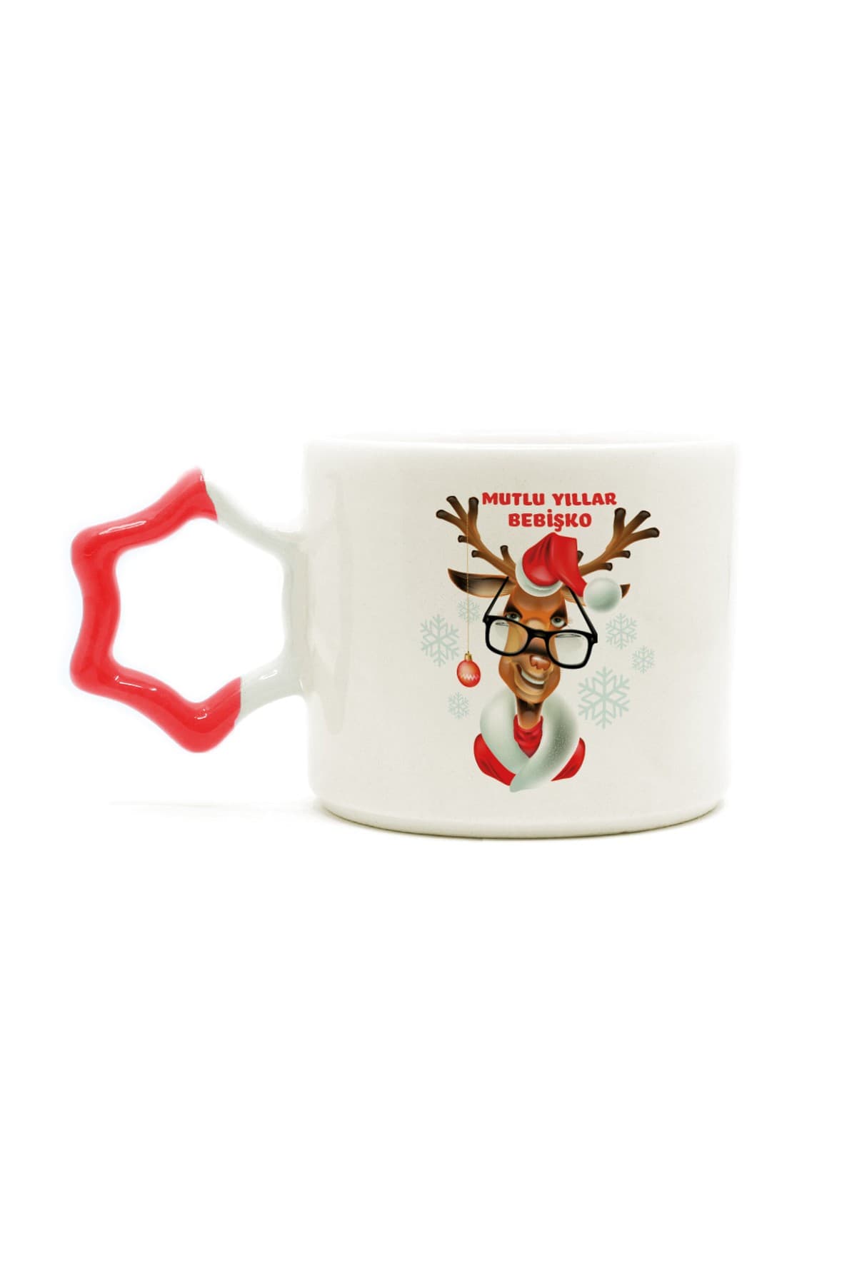 Mutlu Yıllar Bebişko Baskılı Kırmızı Kulplu Yıldız Kupa - Yılbaşı Hediyesi Bardak Fincan Mug